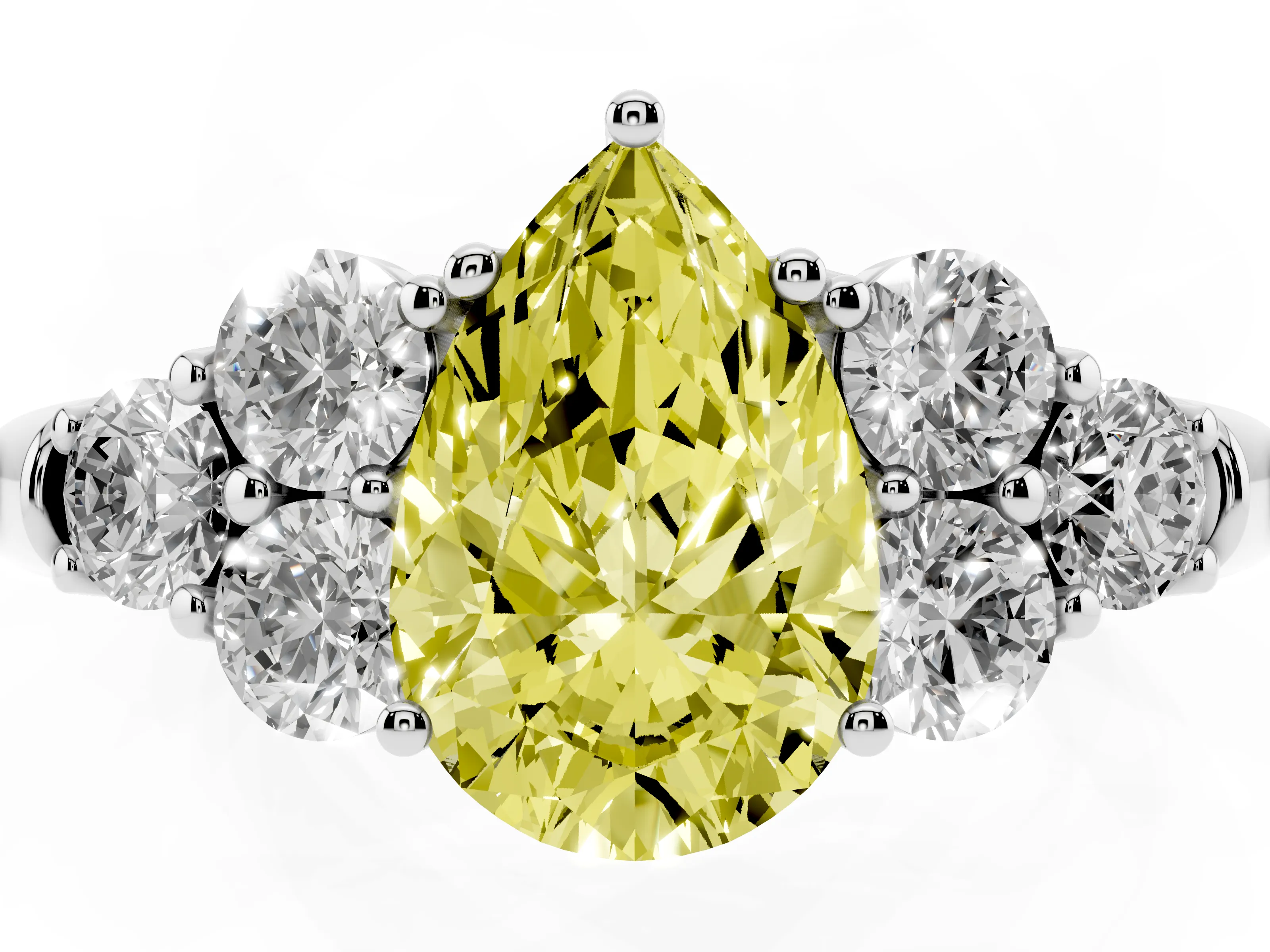 Fancy Yellow Pear Cut Diamond Cluster Ring Set in Platinum with Round Accent Stones and Prong Setting on a Plain Band