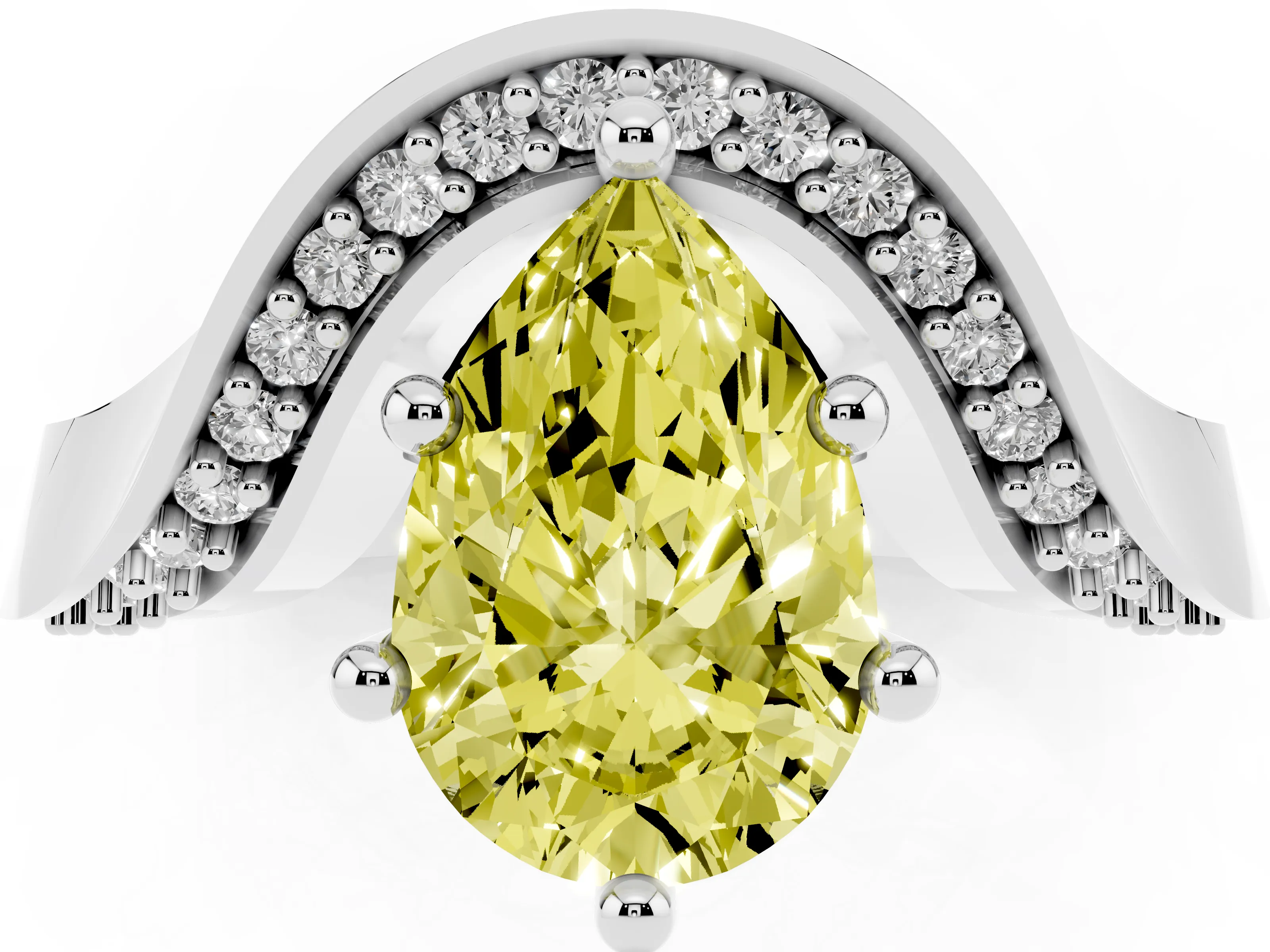 Fancy Yellow Pear Cut Diamond Solitaire Engagement Ring Set in White gold with Pavé Shoulders