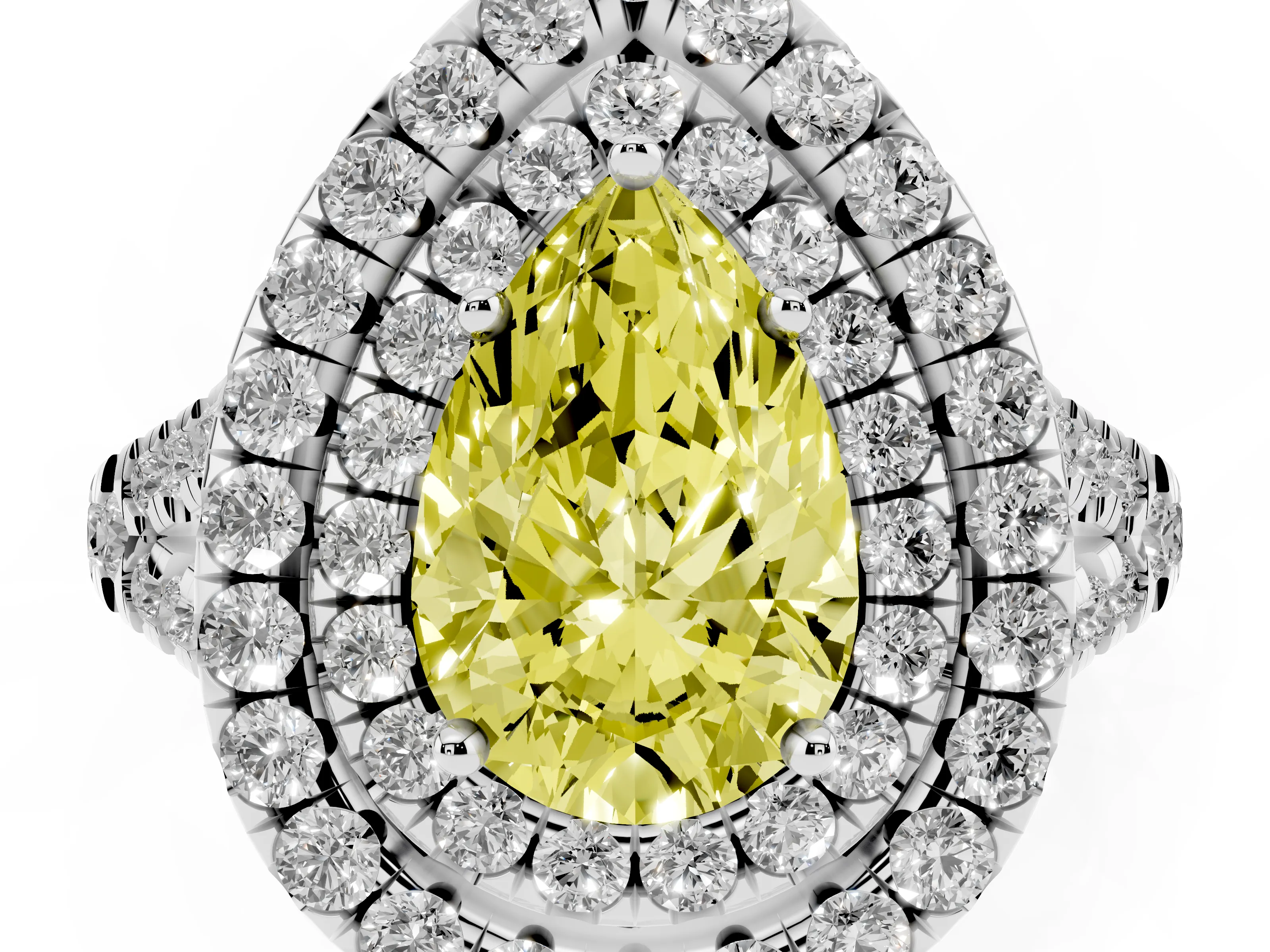 Fancy Yellow Pear Cut Diamond Double Halo Ring Set in White gold with Pavé Split Shank and Prong Setting
