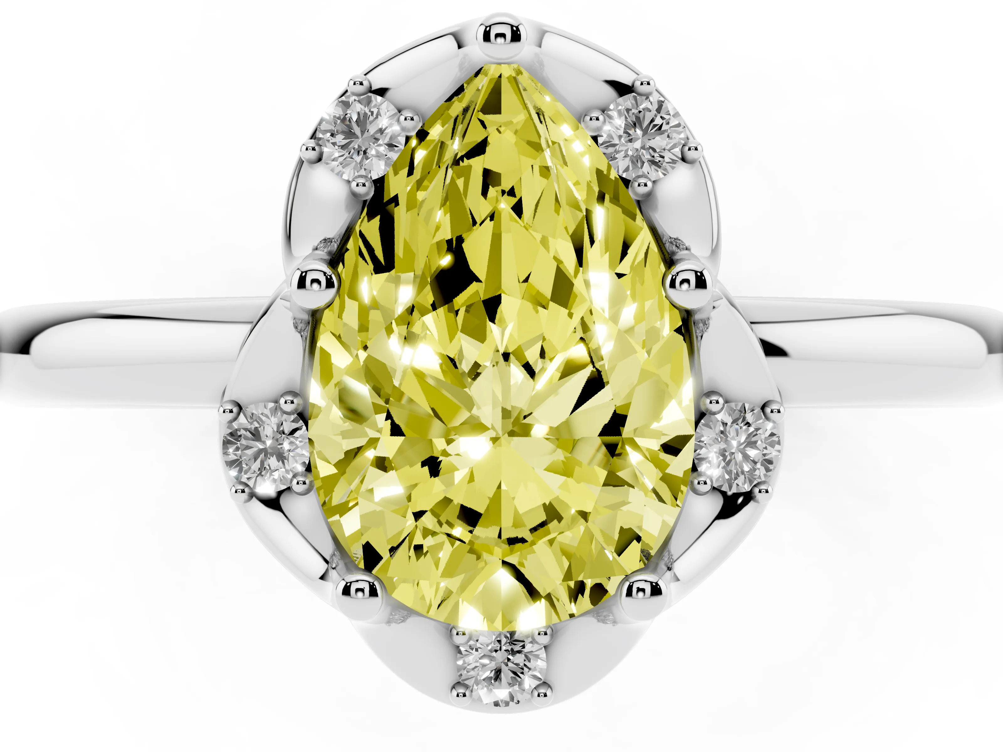 Fancy Yellow Pear Cut Diamond Round Cluster Halo Ring Set in Platinum with Solitaire Band and Prong Setting