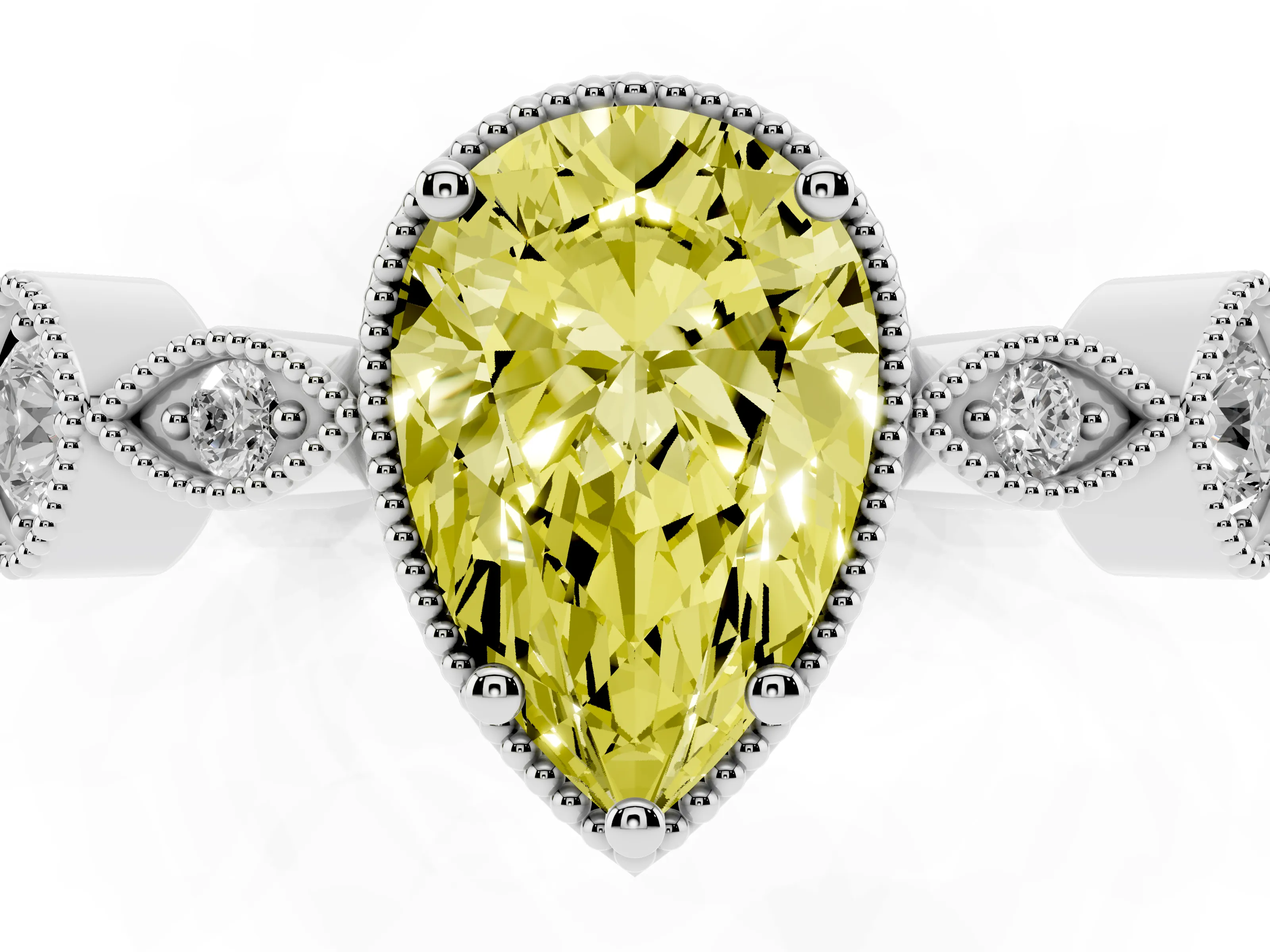 Fancy Yellow Pear Cut Diamond Vintage-Inspired Milgrain Ring Set in White gold with Marquise Stations of Round Accents