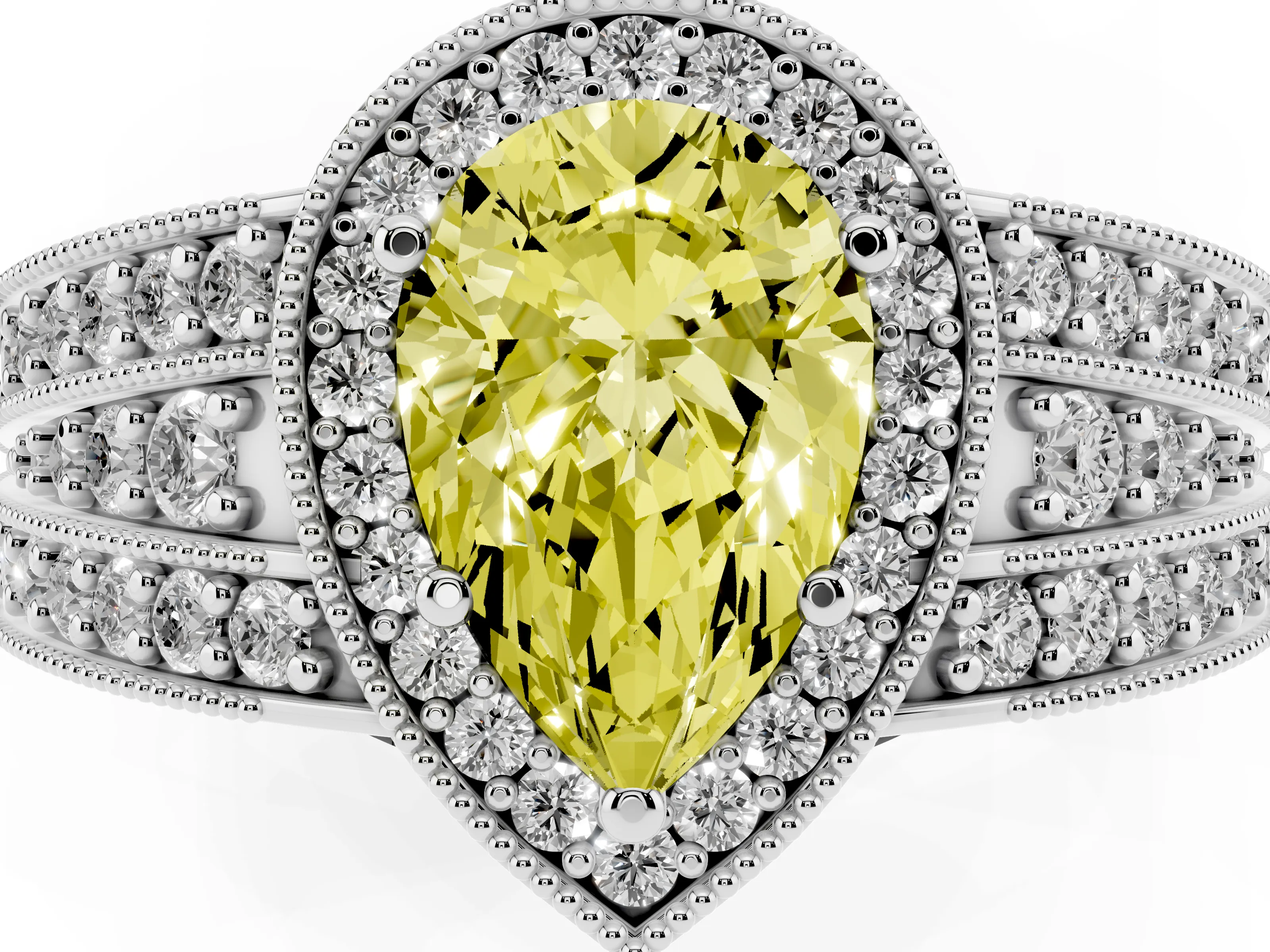 Fancy Yellow Pear Cut Diamond Halo Ring Set in Platinum with Accent Split Shank and Prong Setting
