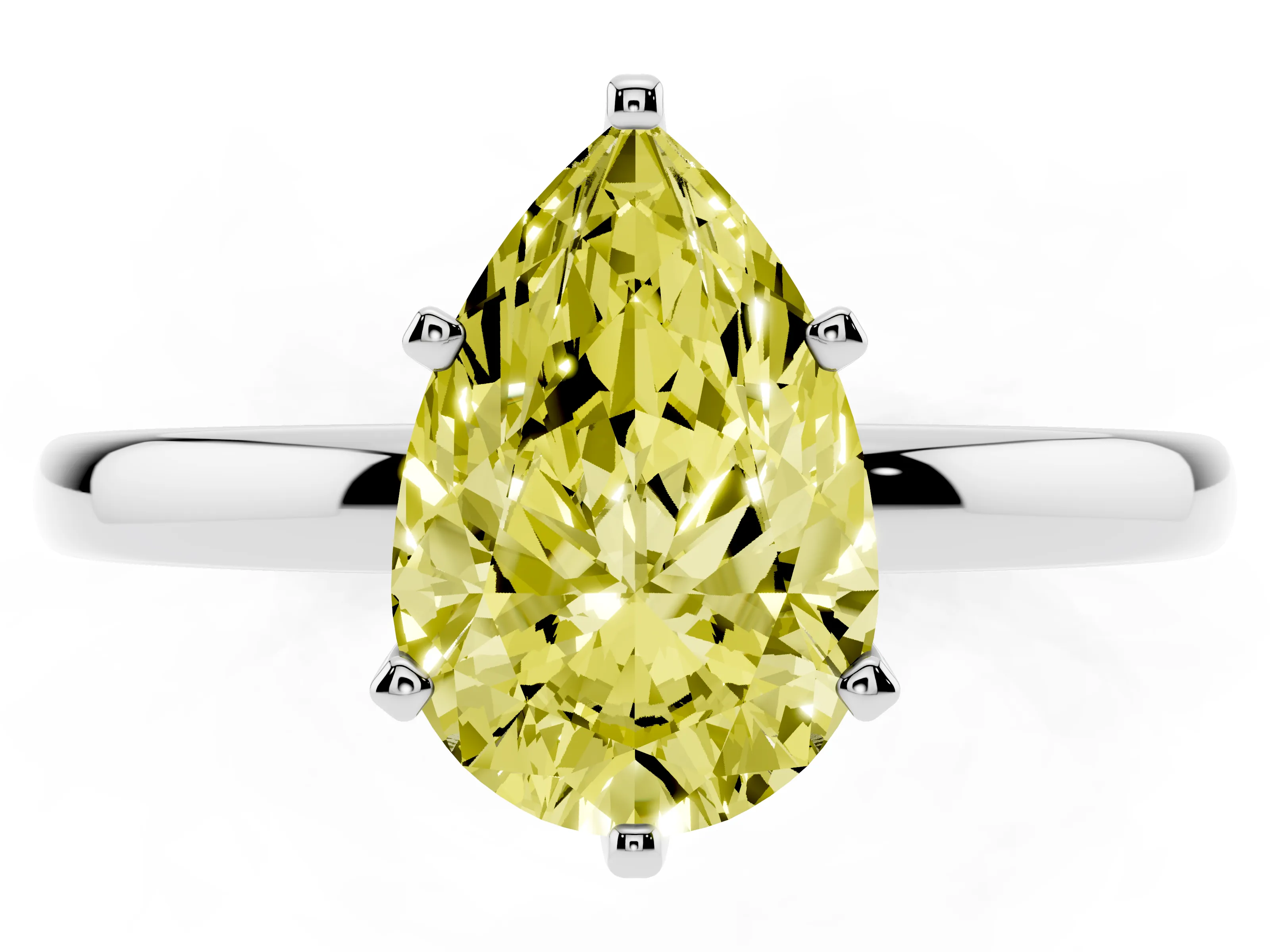 Fancy Yellow Pear Cut Diamond Solitaire Ring Set in Silver with Raised Prong Setting on a Classic Band