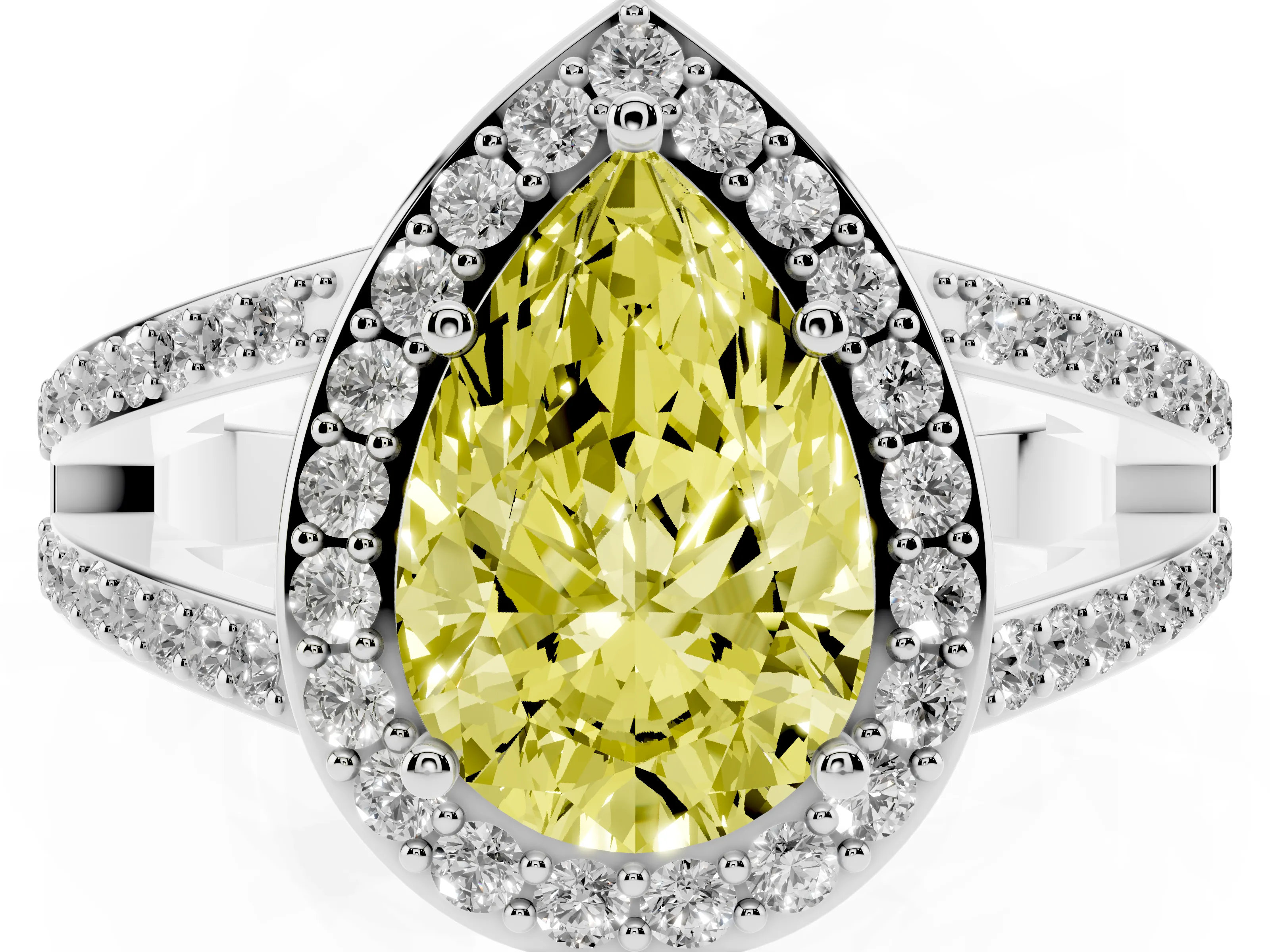 Fancy Yellow Pear Cut Diamond Halo Ring Set in Silver with U-Prong Split Shank and Prong Setting