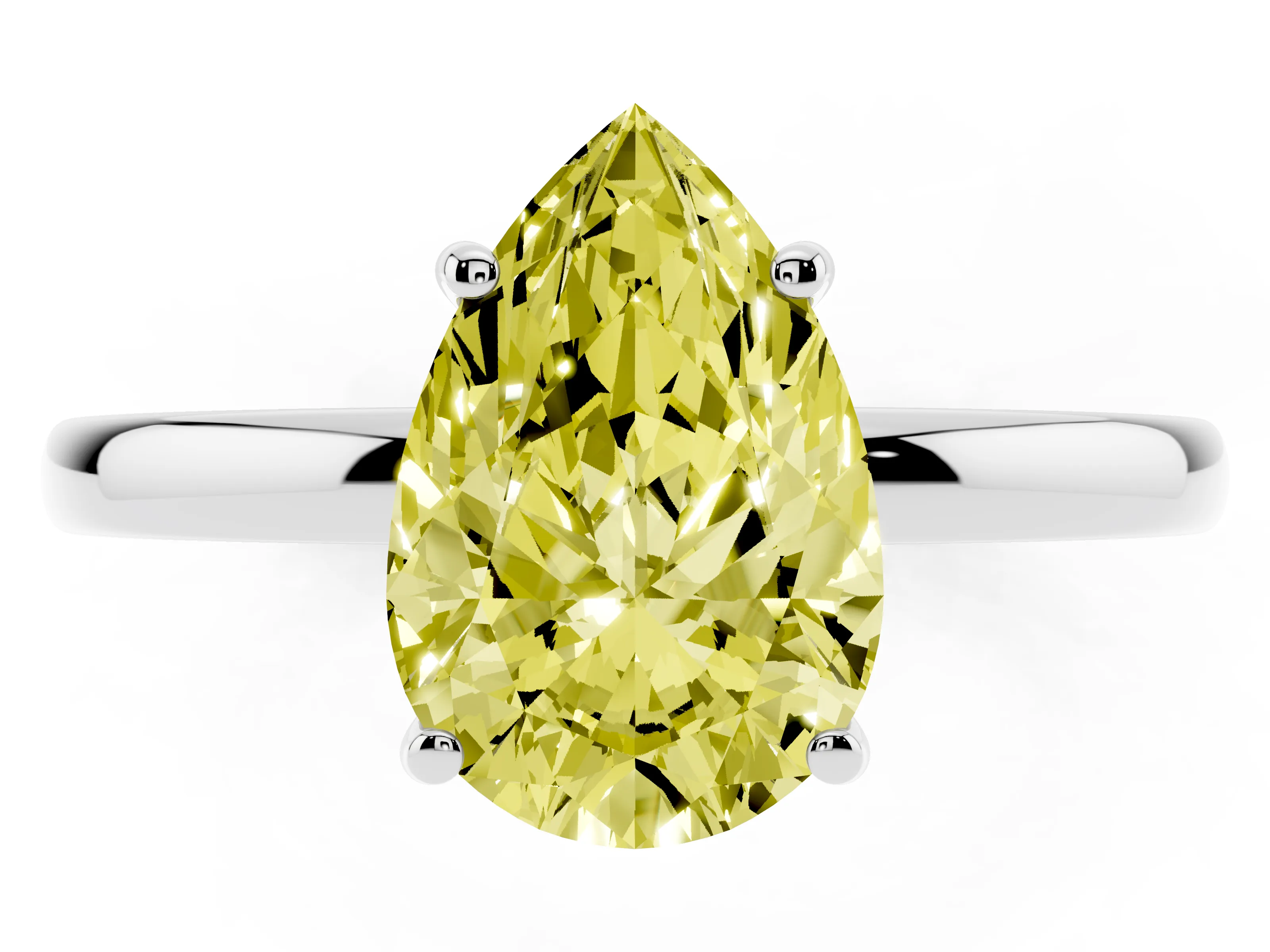 Fancy Yellow Pear Cut Diamond Solitaire Ring Set in Silver with Plain Band and Prong Setting