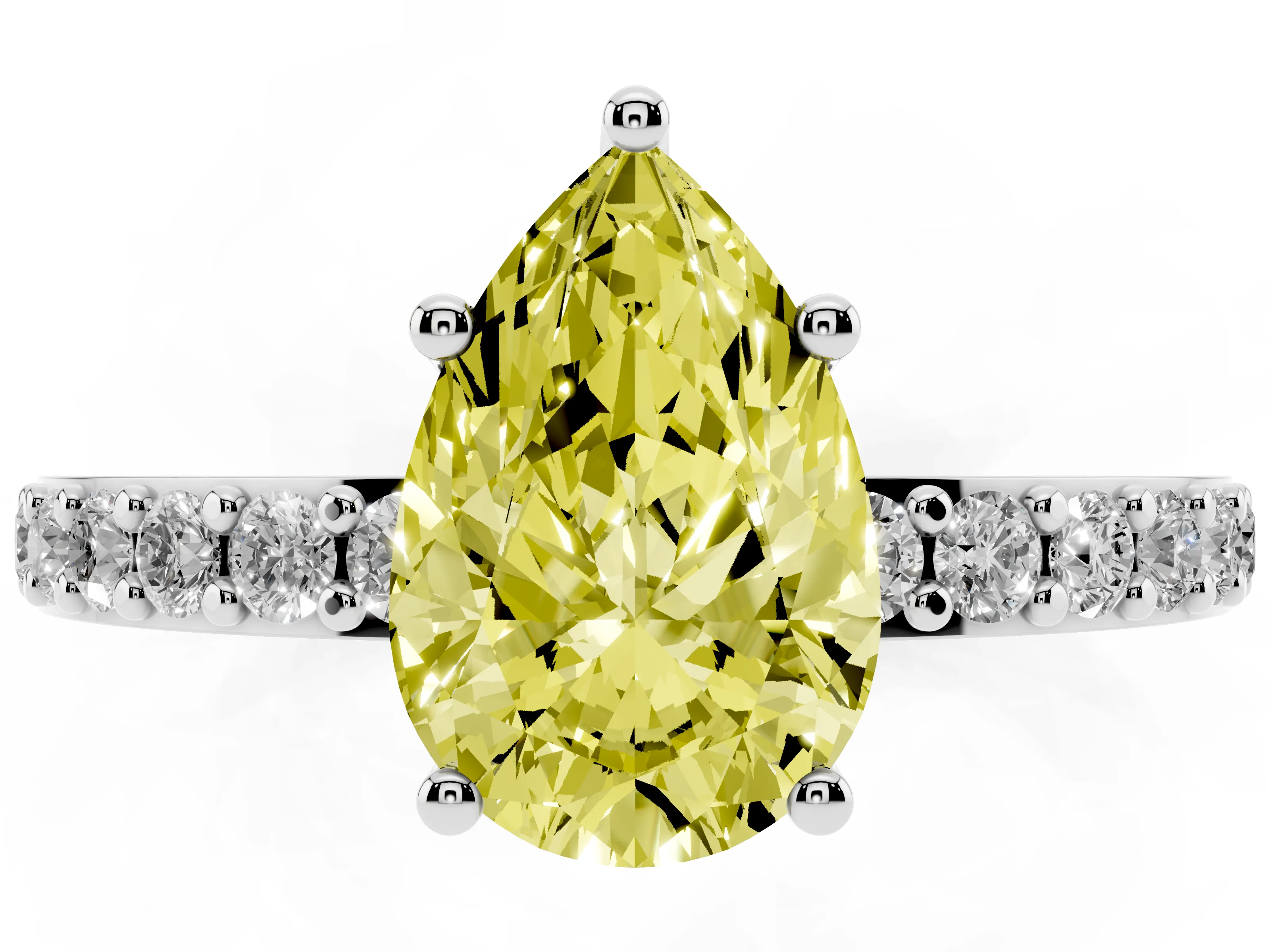Fancy Yellow Pear Cut Diamond Solitaire Set in Silver with Round Pavé Band and Prong Setting
