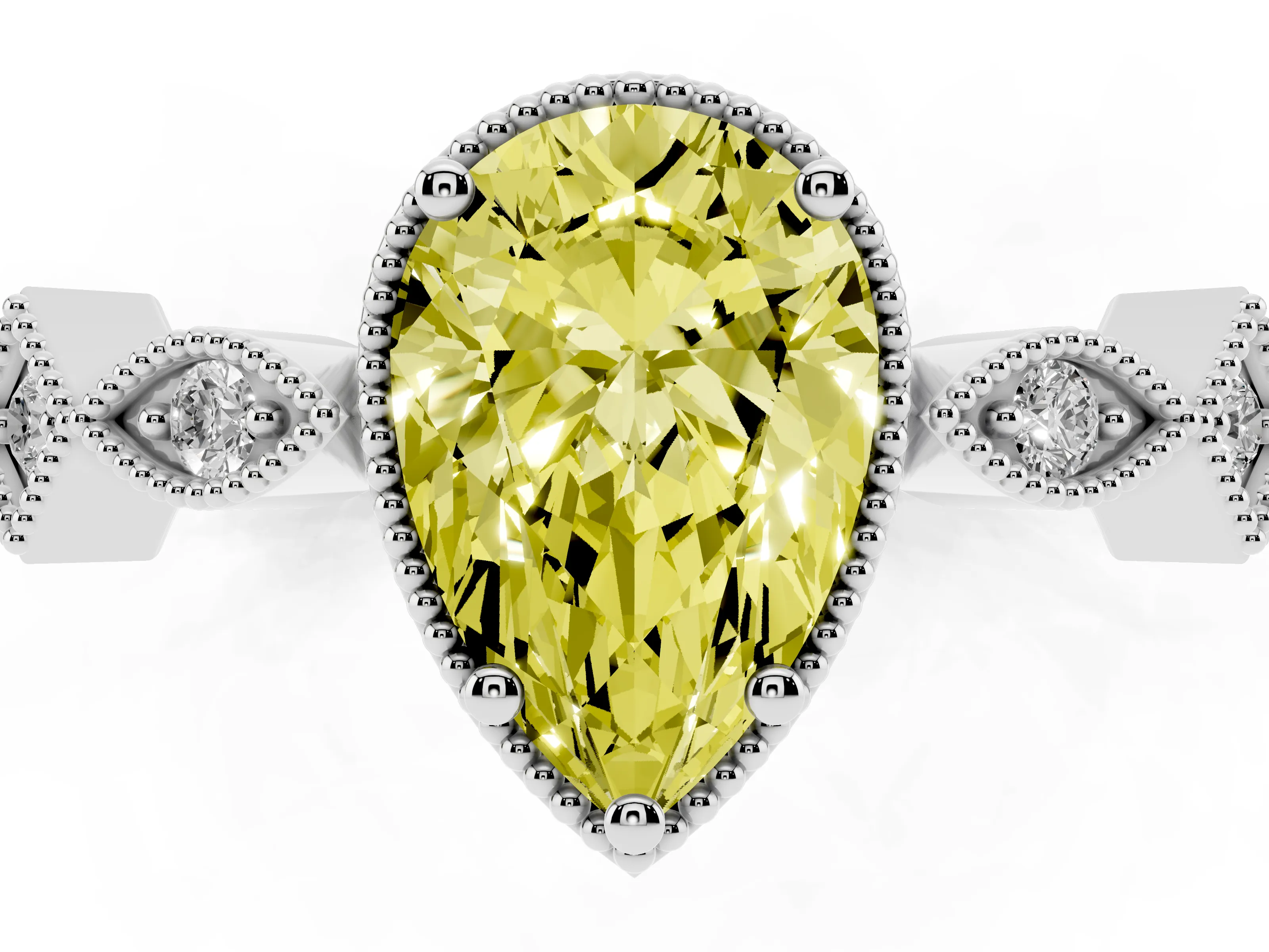 Fancy Yellow Pear Cut Diamond Milgrain Marquise Twist Band Ring Set in White gold with Prong Setting