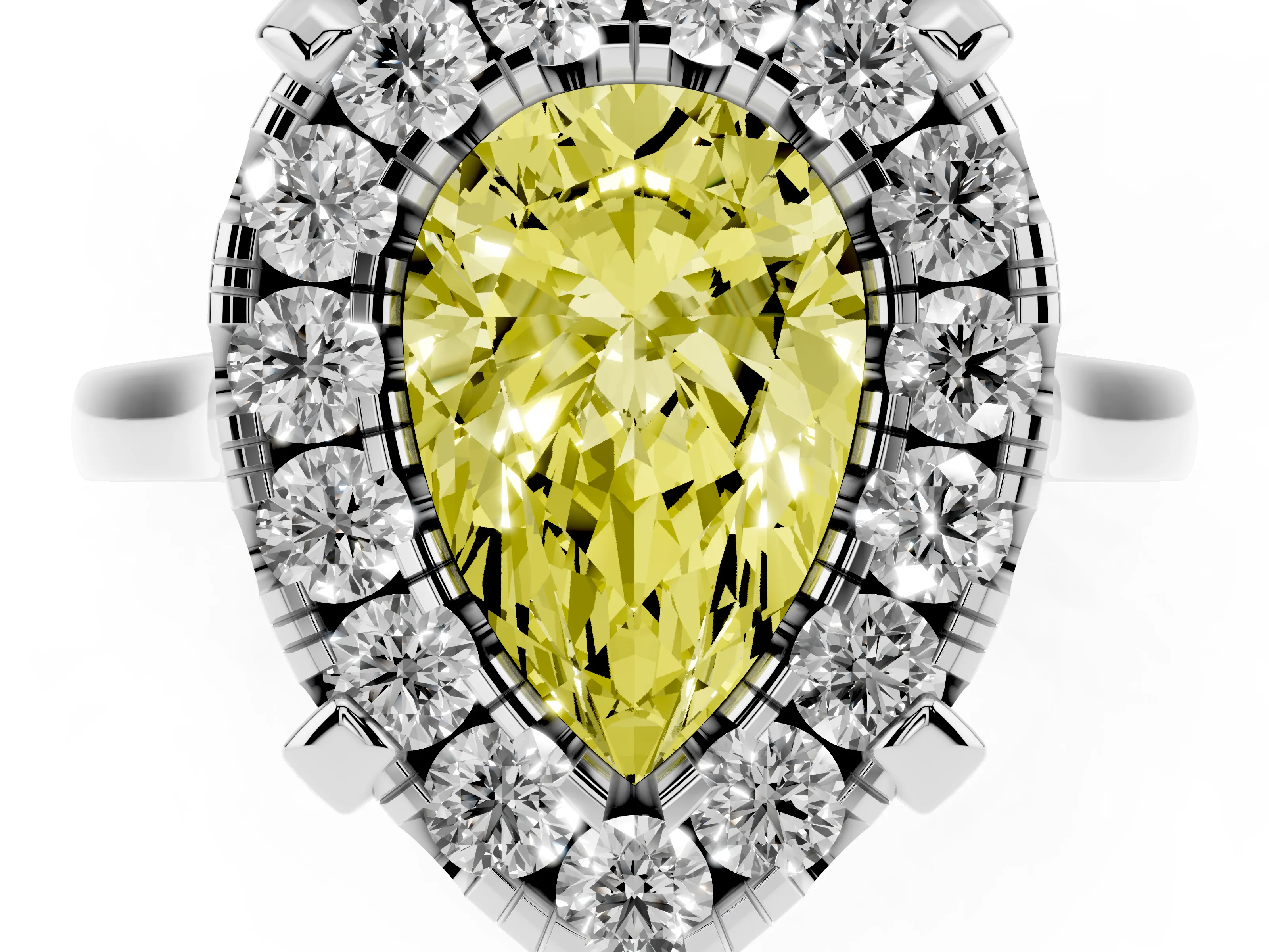 Fancy Yellow Pear Cut Diamond Cluster Halo Solitaire Ring Set in Silver with Prong Setting