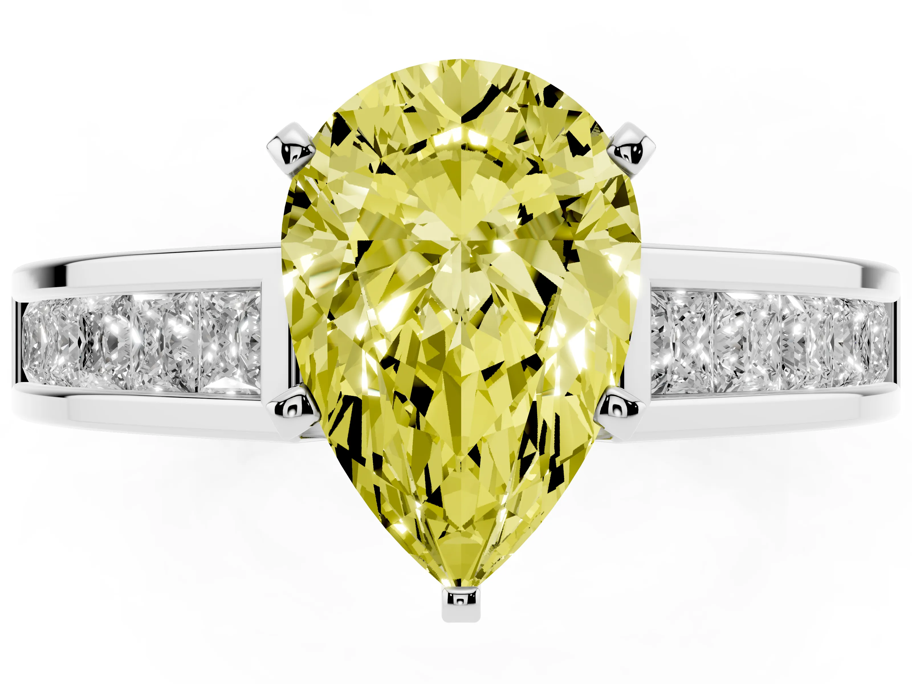 Fancy Yellow Pear Cut Diamond Solitaire Ring Set in White gold with Channel-Set Band and Prong Setting