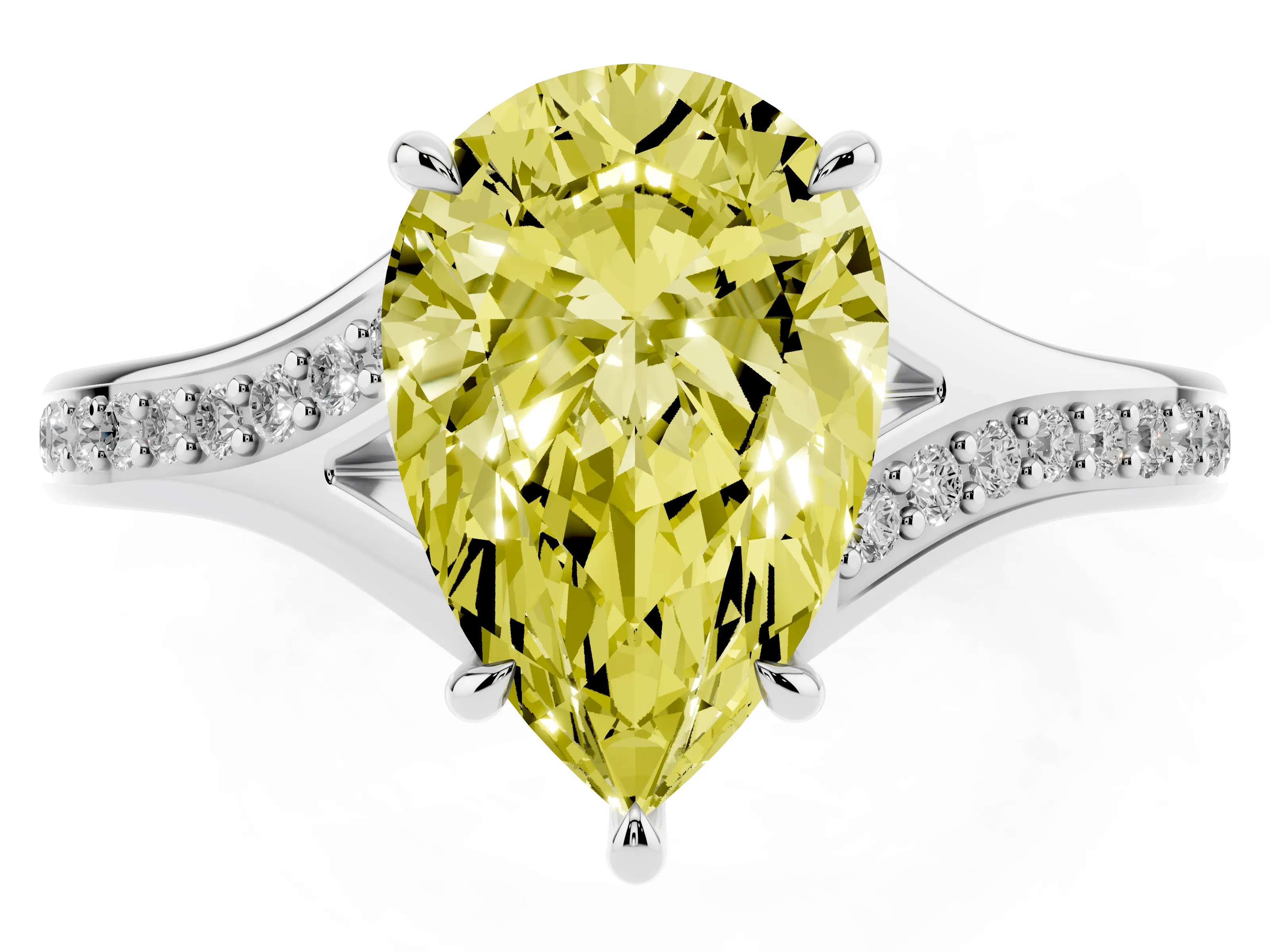 Fancy Yellow Pear Cut Diamond Solitaire Ring Set in White gold with Pavé Accent Band and Classic Prong Setting