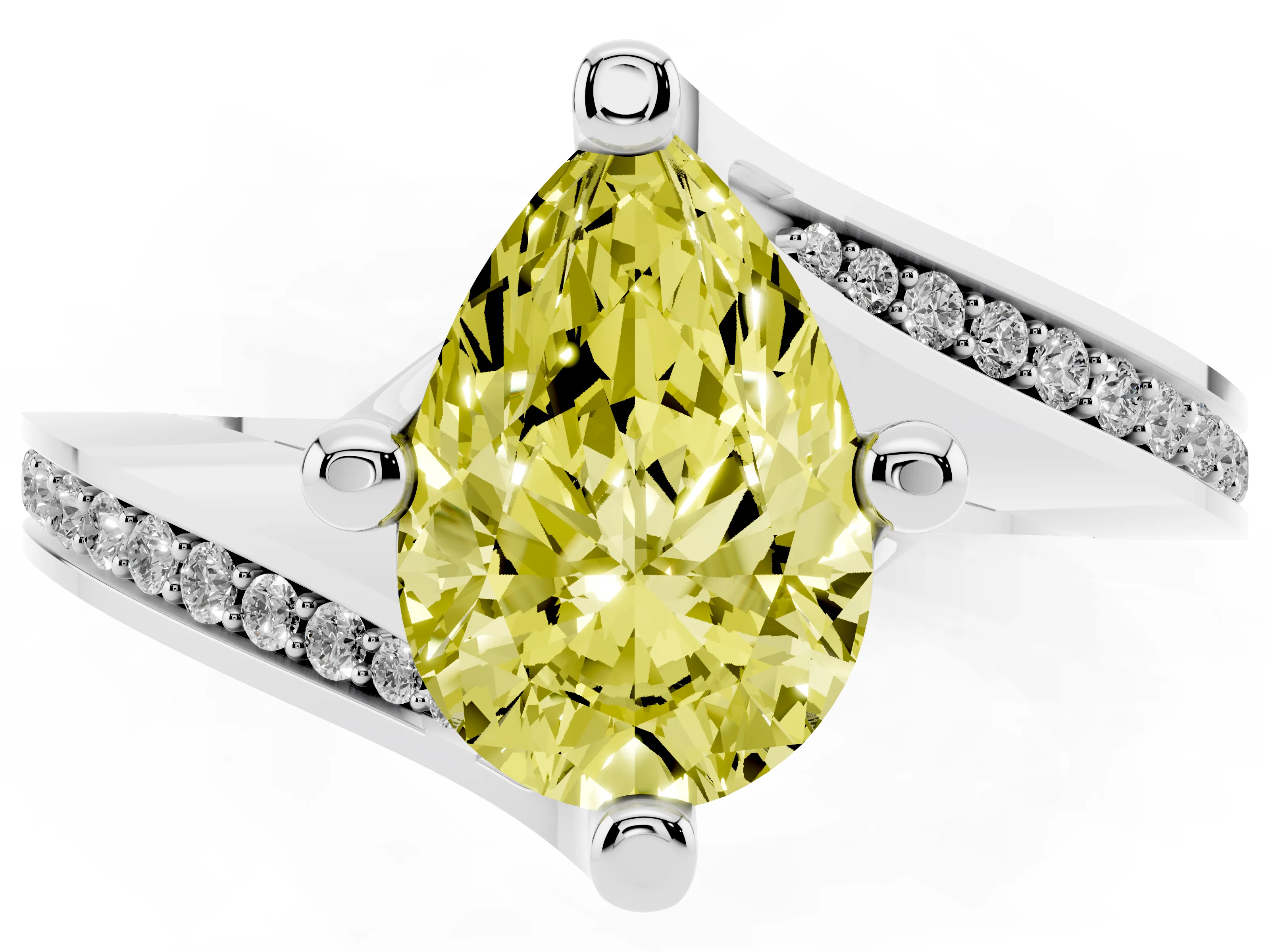 Fancy Yellow Pear Cut Diamond Solitaire Ring Set in White gold with Intertwined Pavé Twist Band