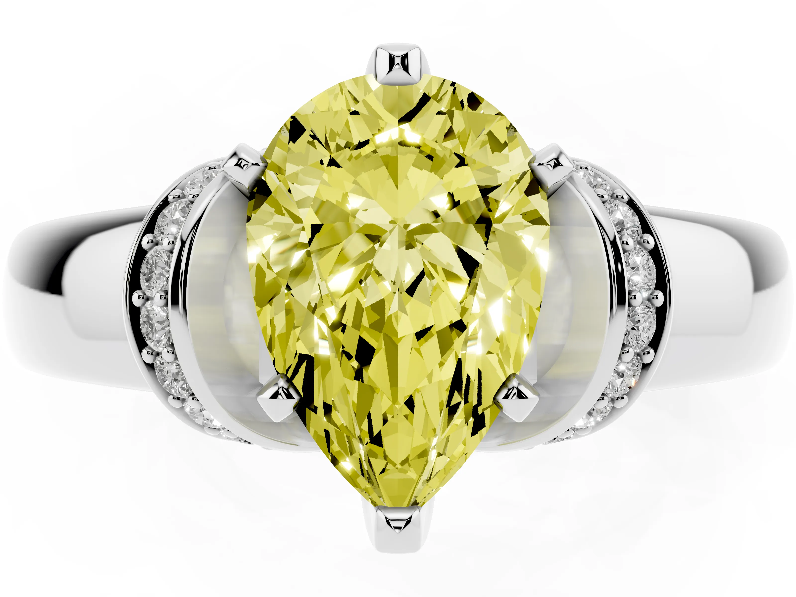 Fancy Yellow Pear Cut Diamond Pavé Band Solitaire Ring Set in Silver with Prong Setting