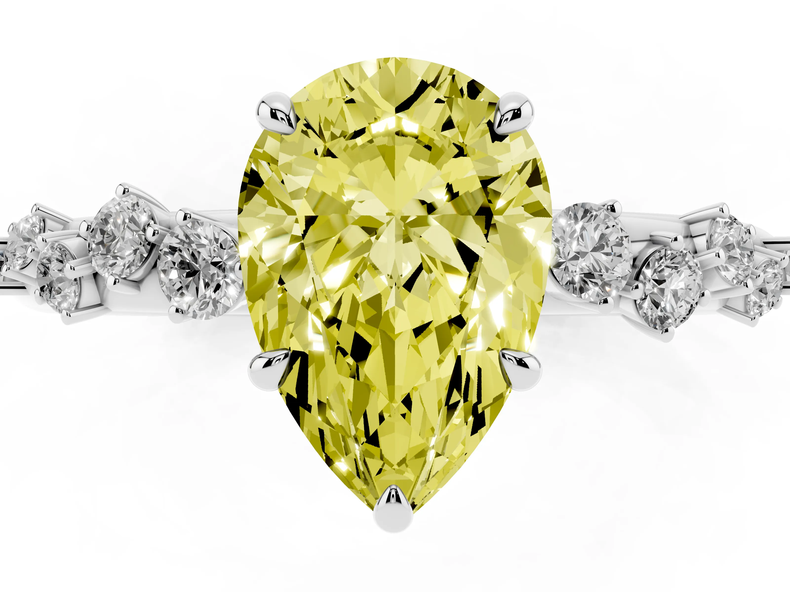 Fancy Yellow Pear Cut Diamond Cluster Solitaire Ring Set in Platinum with Prong Setting