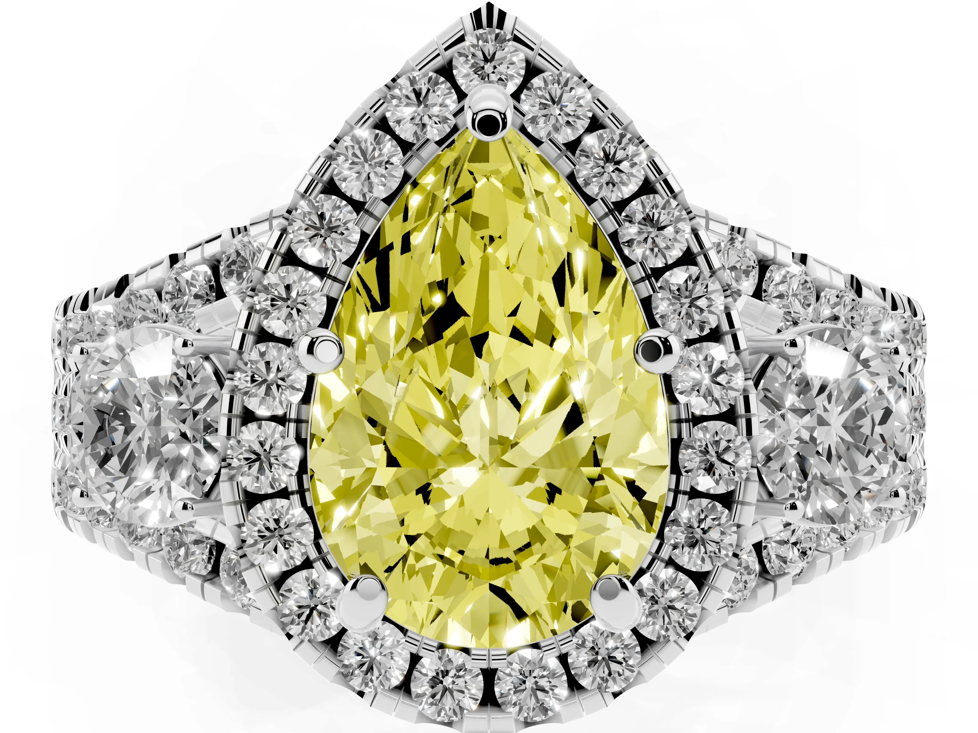 Fancy Yellow Pear Cut Diamond Halo Split Shank Ring Set in Silver with Round Accent Stones and Prong Setting