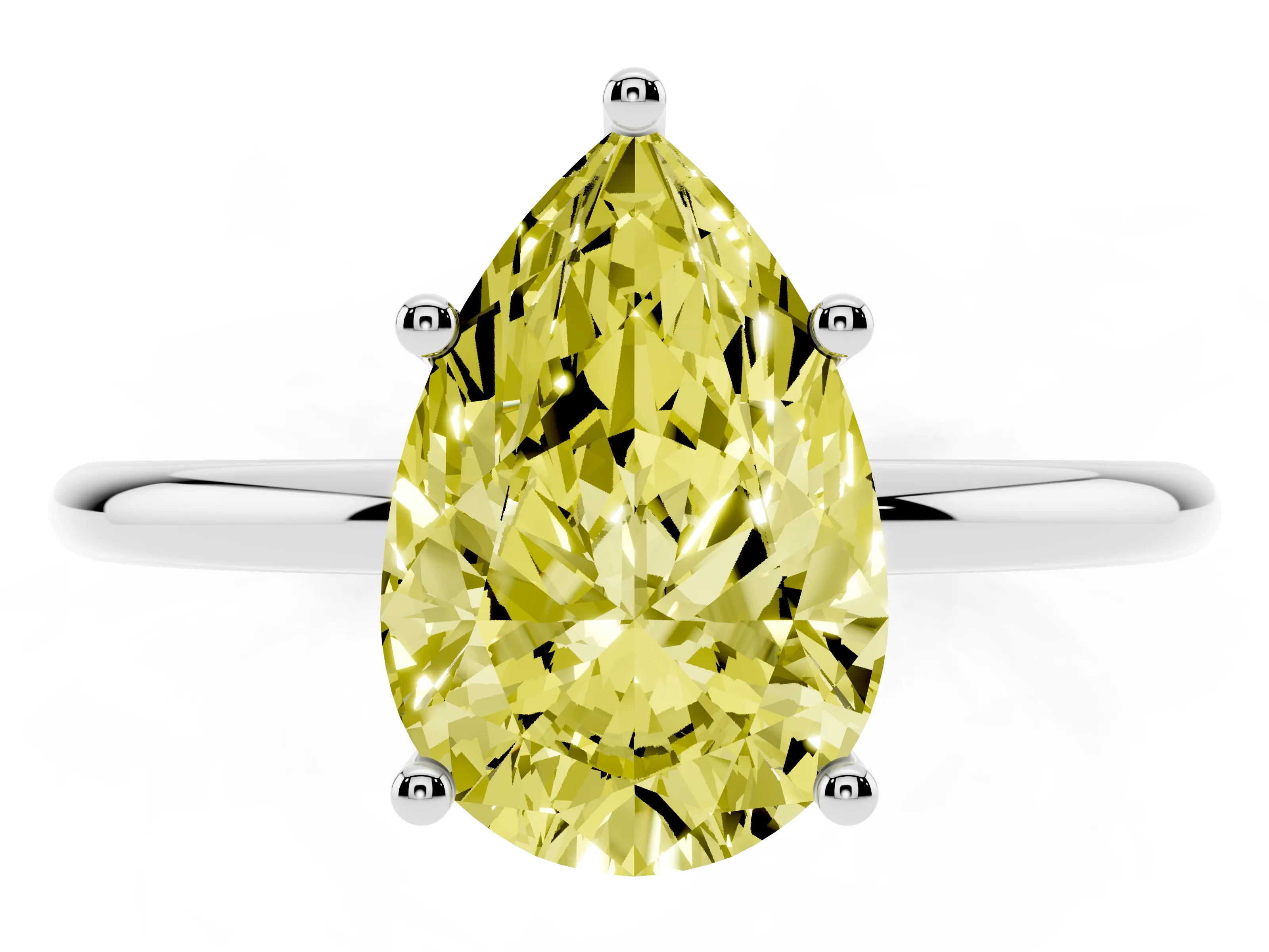 Fancy Yellow Pear Cut Diamond Solitaire Engagement Ring Set in Silver with Thin Band and Prong Setting