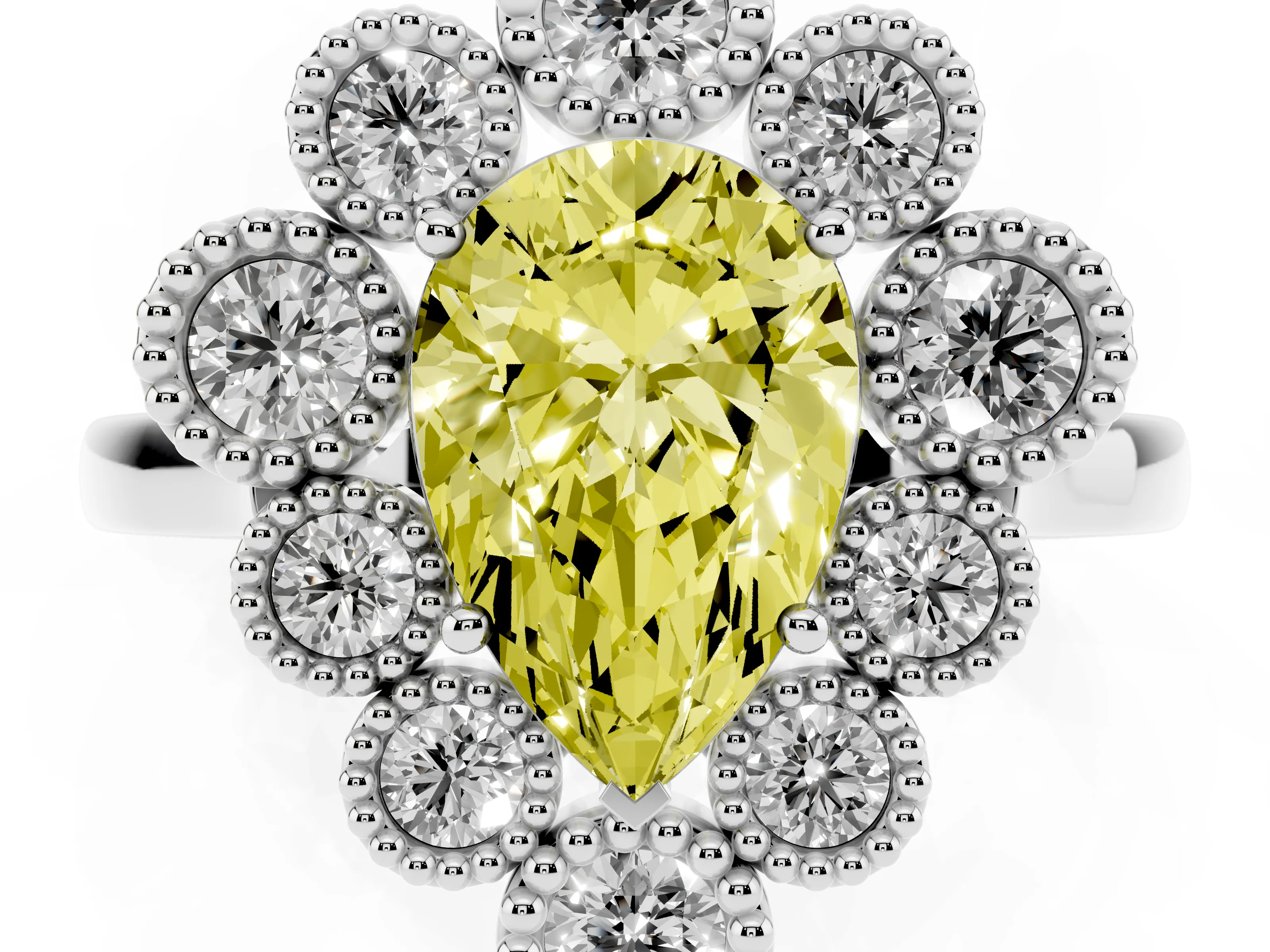 Fancy Yellow Pear Cut Diamond Cluster Halo Ring Set in White gold with Milgrain Bezel Accents and Plain Band