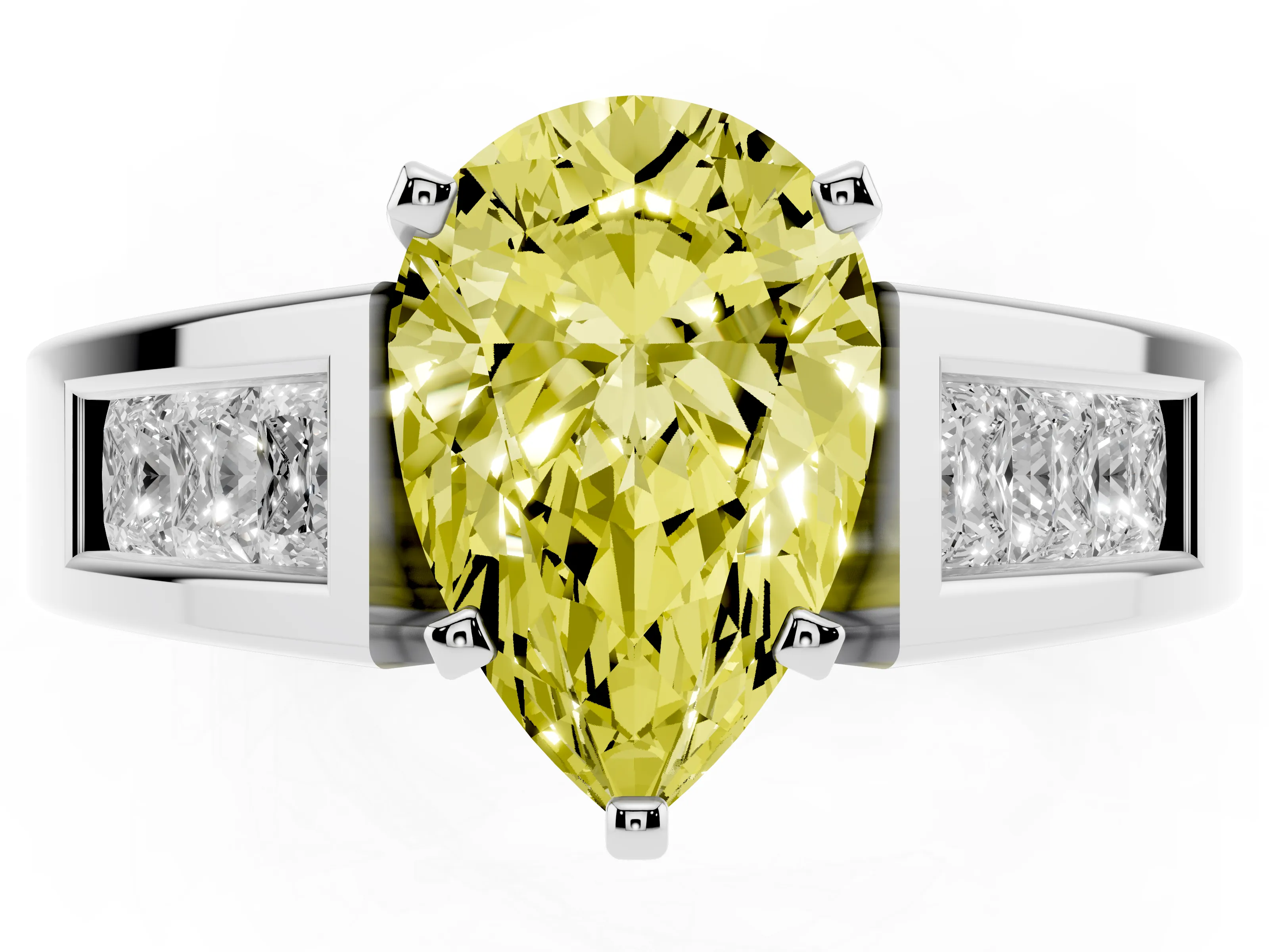Fancy Yellow Pear Cut Diamond Solitaire Ring Set in White gold with Channel-Set Accent Stones and Prong Setting