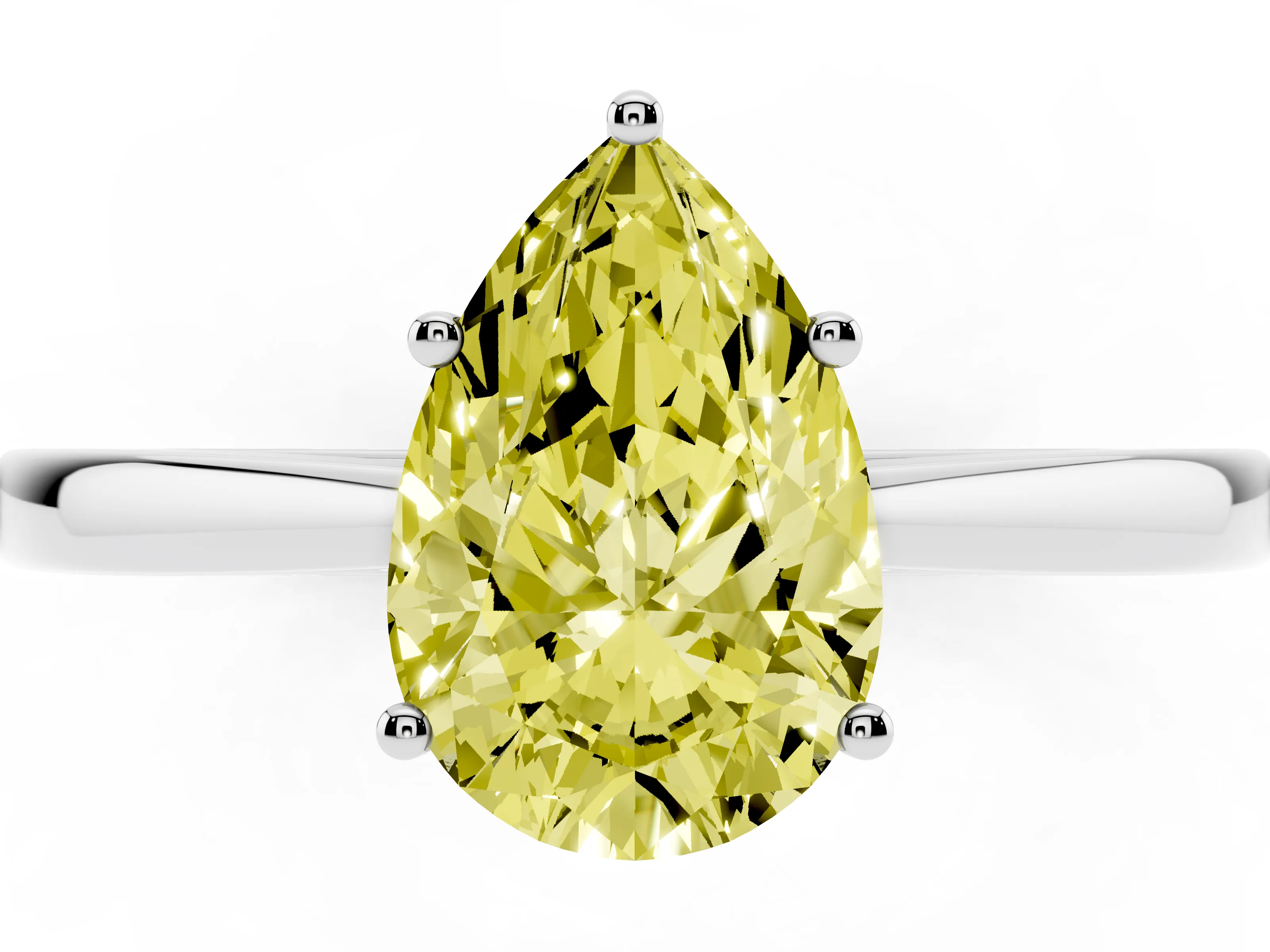 Fancy Yellow Pear Cut Diamond Solitaire Ring Set in Silver with Split Shank and Prong Setting