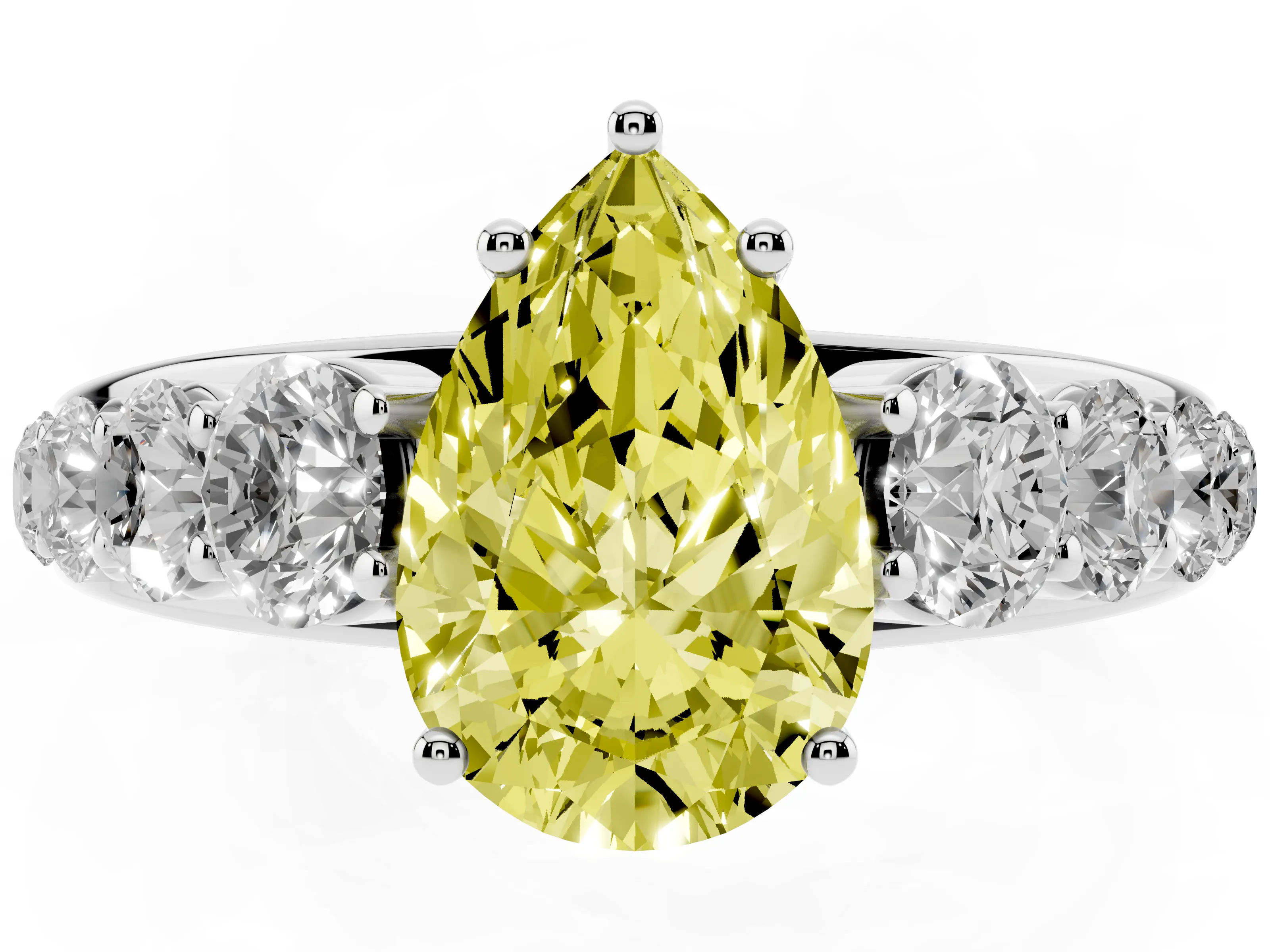 Fancy Yellow Pear Cut Diamond Solitaire Ring Set in Silver with Pavé-Set Band and Prong Setting