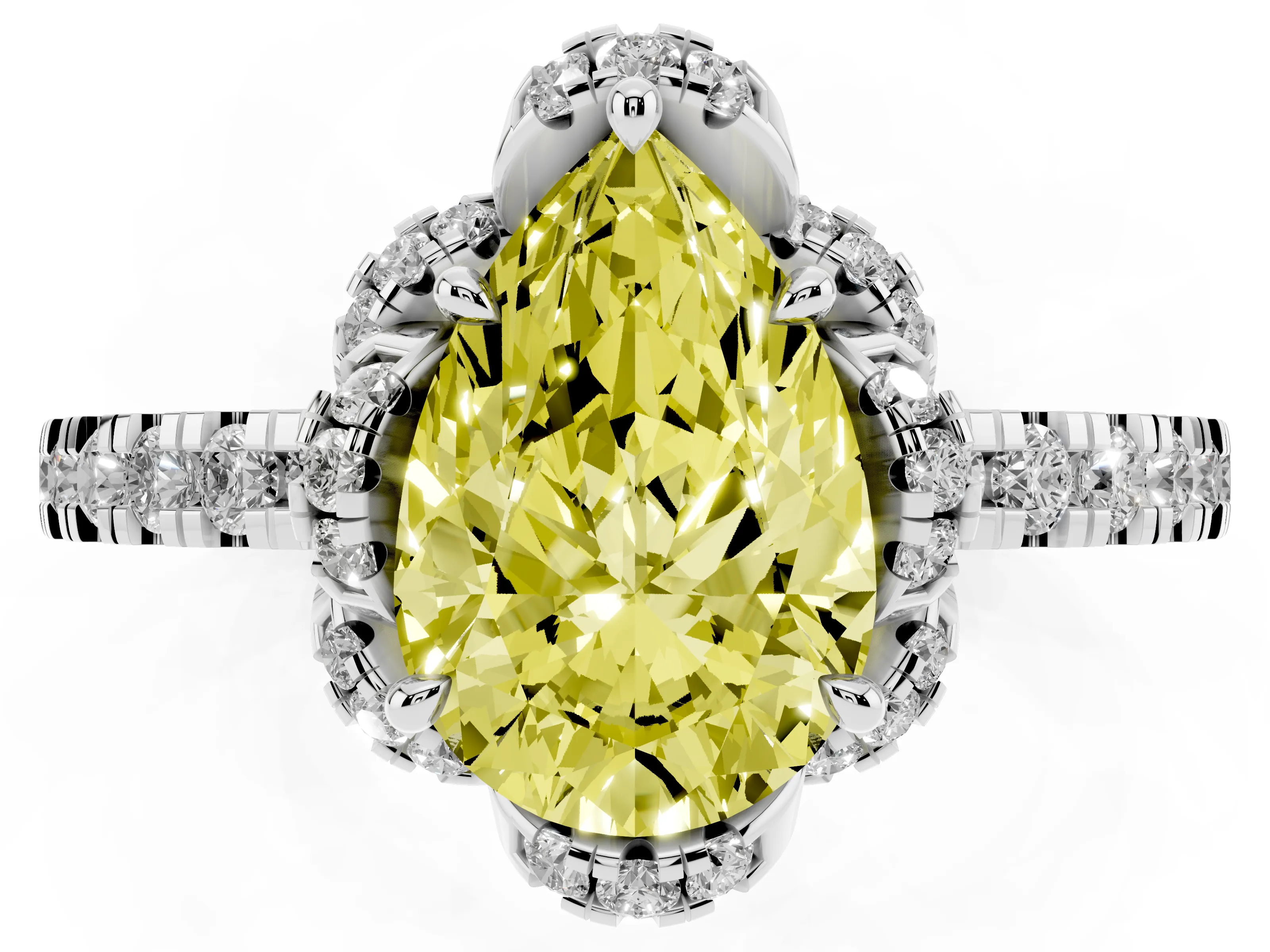Fancy Yellow Pear Cut Diamond Halo Pavé Band Ring Set in Platinum with Prong-Held Center