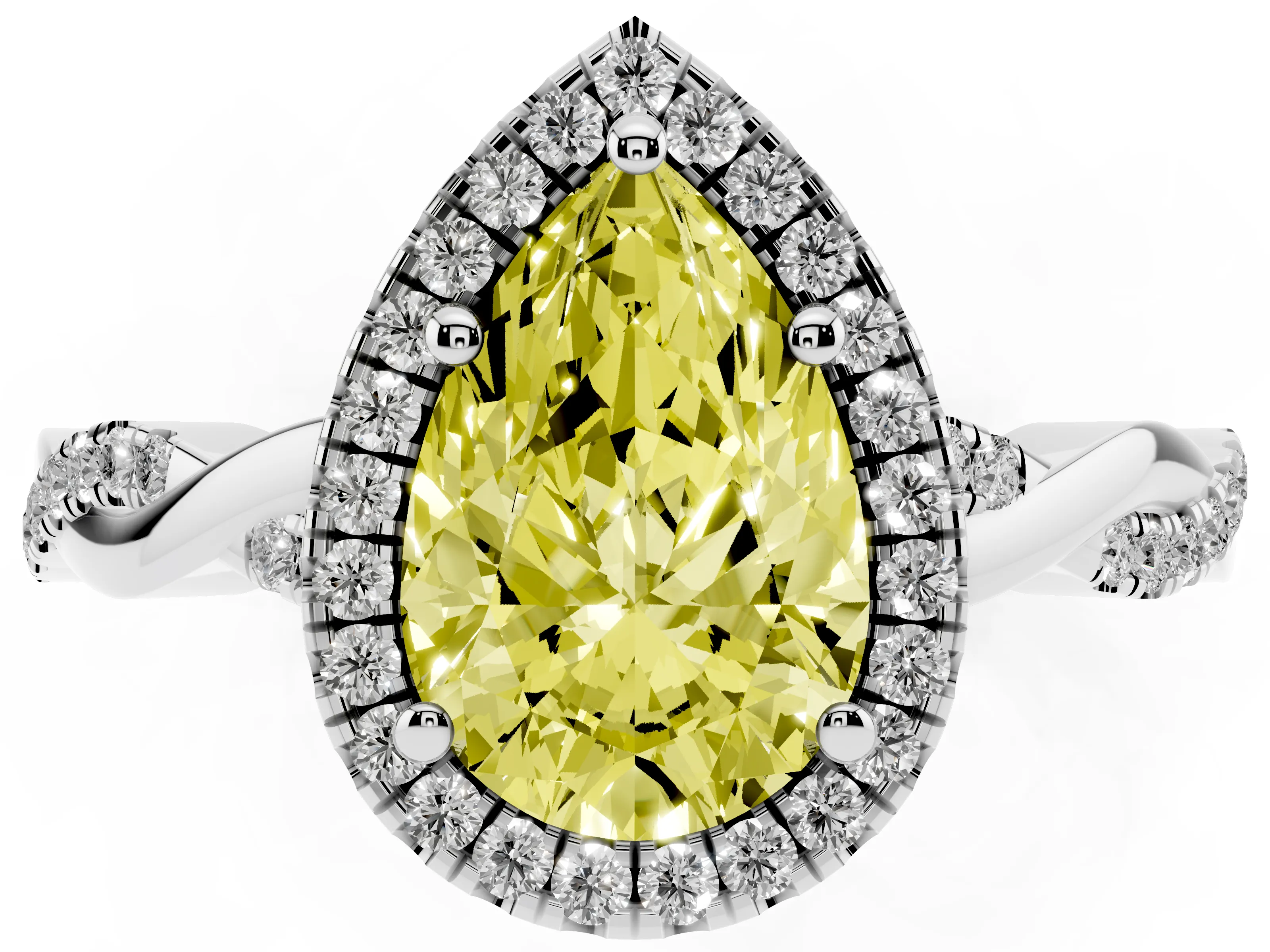 Fancy Yellow Pear Cut Diamond Halo Twisted Band Ring Set in White gold with Prong Setting