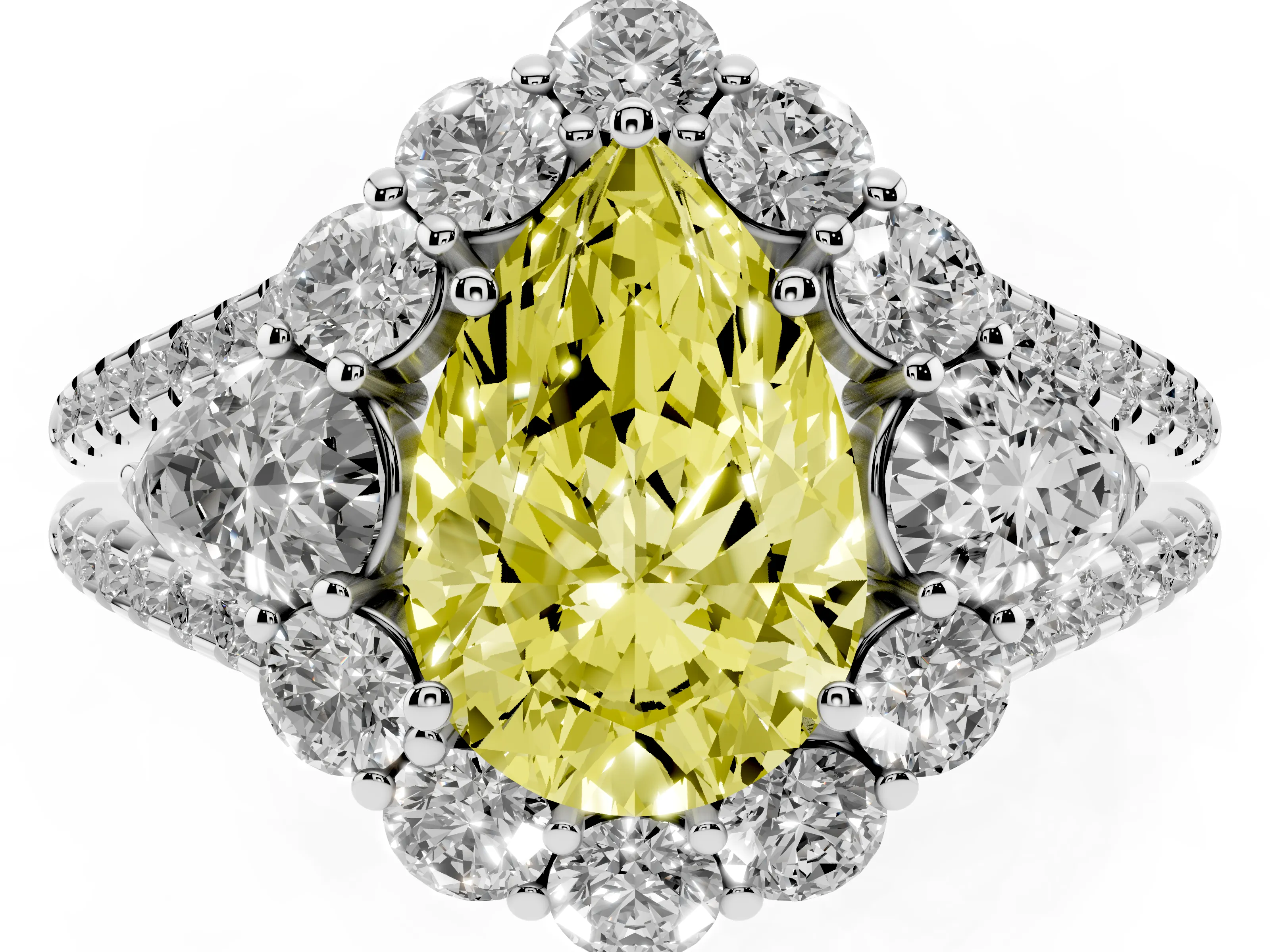 Fancy Yellow Pear Cut Diamond Halo Split Shank Engagement Ring Set in White gold with Prong-Held Center Stone