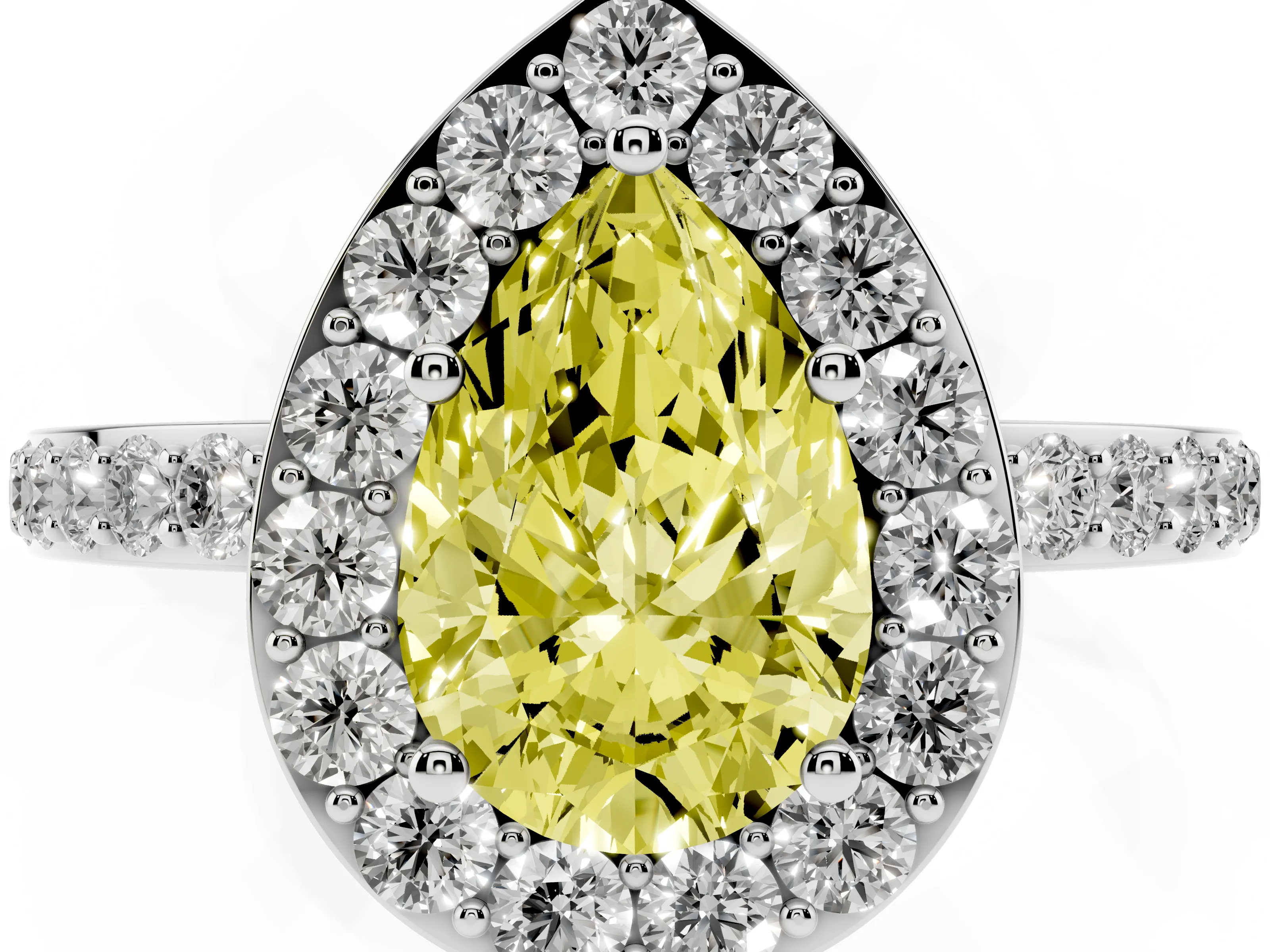 Fancy Yellow Pear Cut Diamond Halo Ring Set in Platinum with Pavé-Setting Band and Open Prong Center