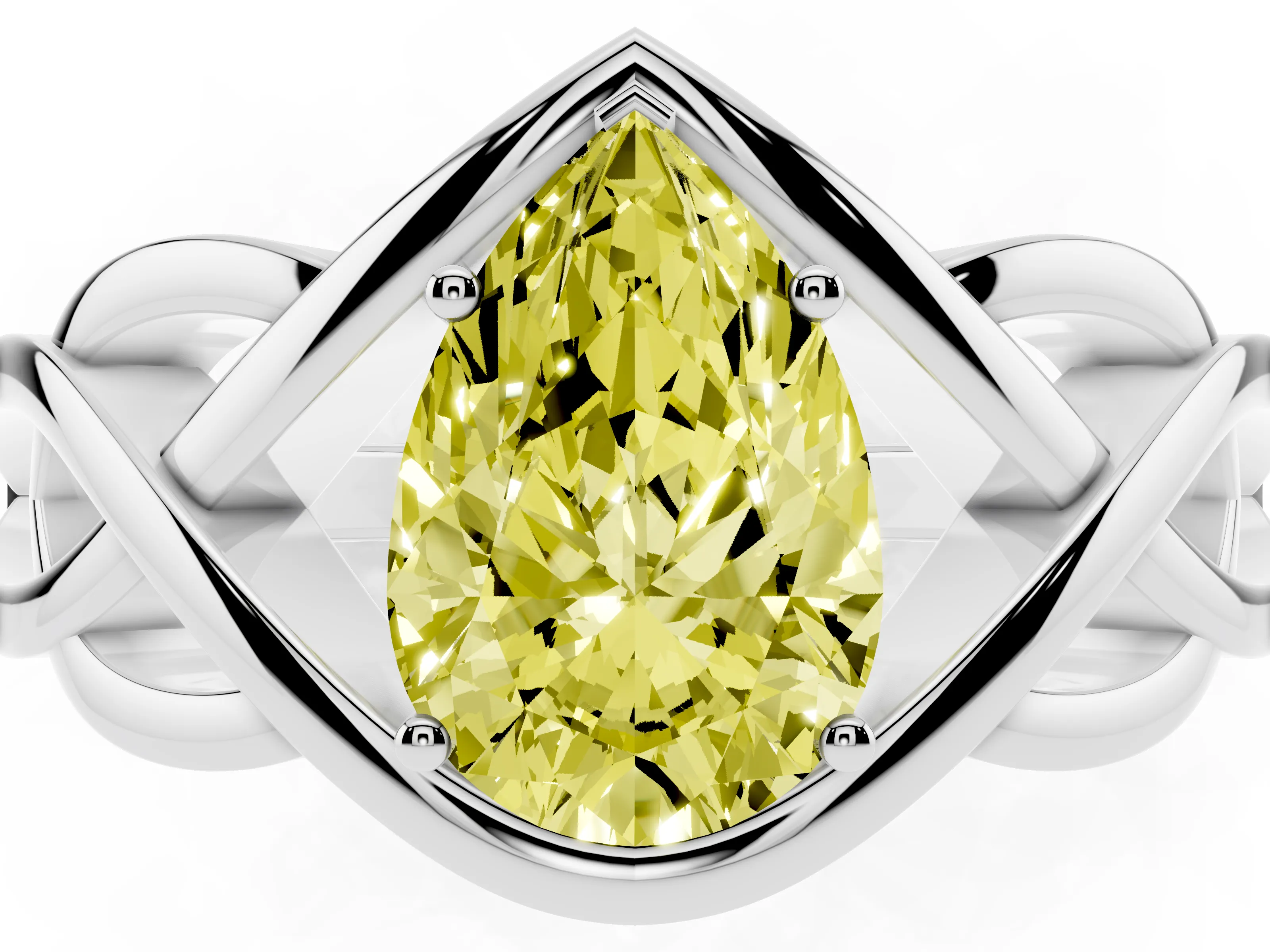 Fancy Yellow Pear Cut Diamond Solitaire Ring Set in Platinum with Intertwined Band