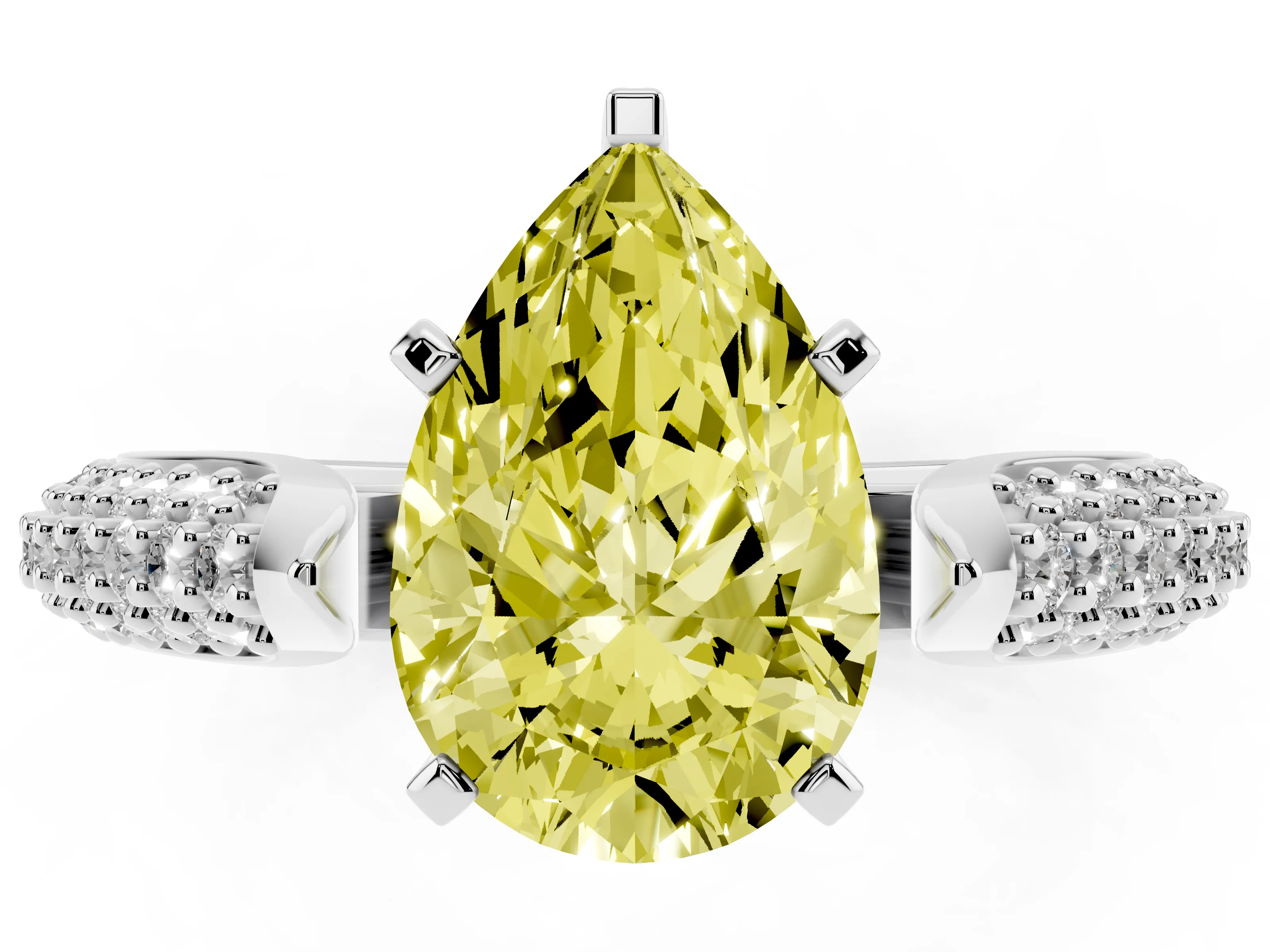 Fancy Yellow Pear Cut Diamond Solitaire Engagement Ring Set in White gold with Multi-Row Round Pavé Band and Prong Setting