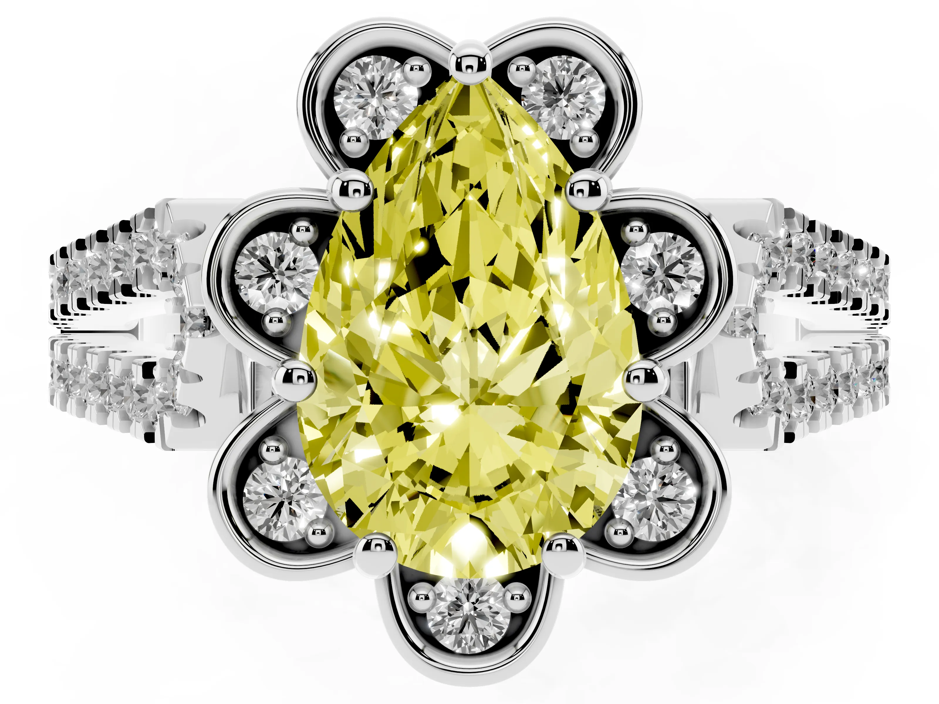 Fancy Yellow Pear Cut Diamond Floral Halo Split Shank Engagement Ring Set in White gold with Pavé Shank