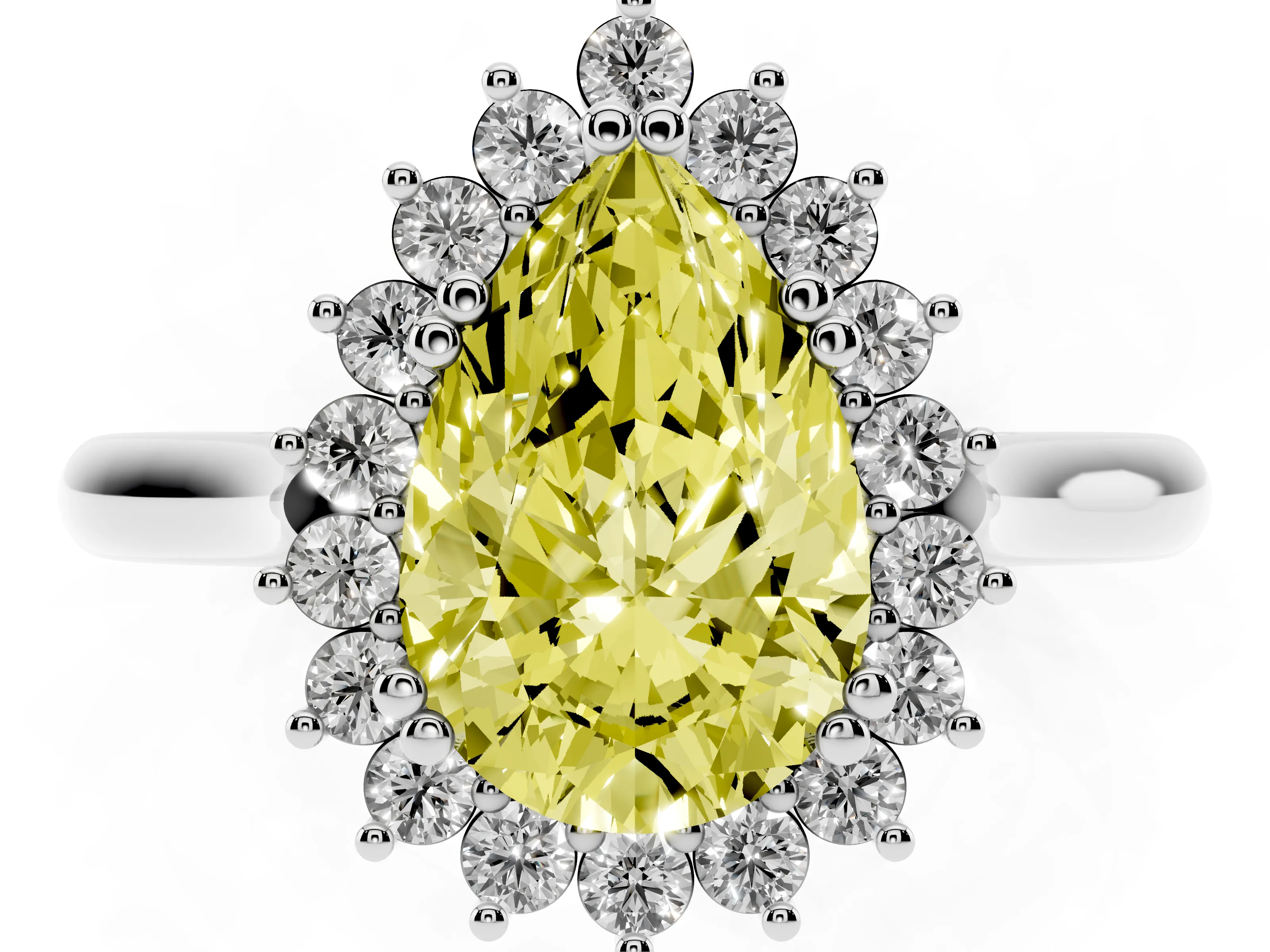 Fancy Yellow Pear Cut Diamond Halo Ring Set in White gold with Plain Solitaire Band and Prong Setting