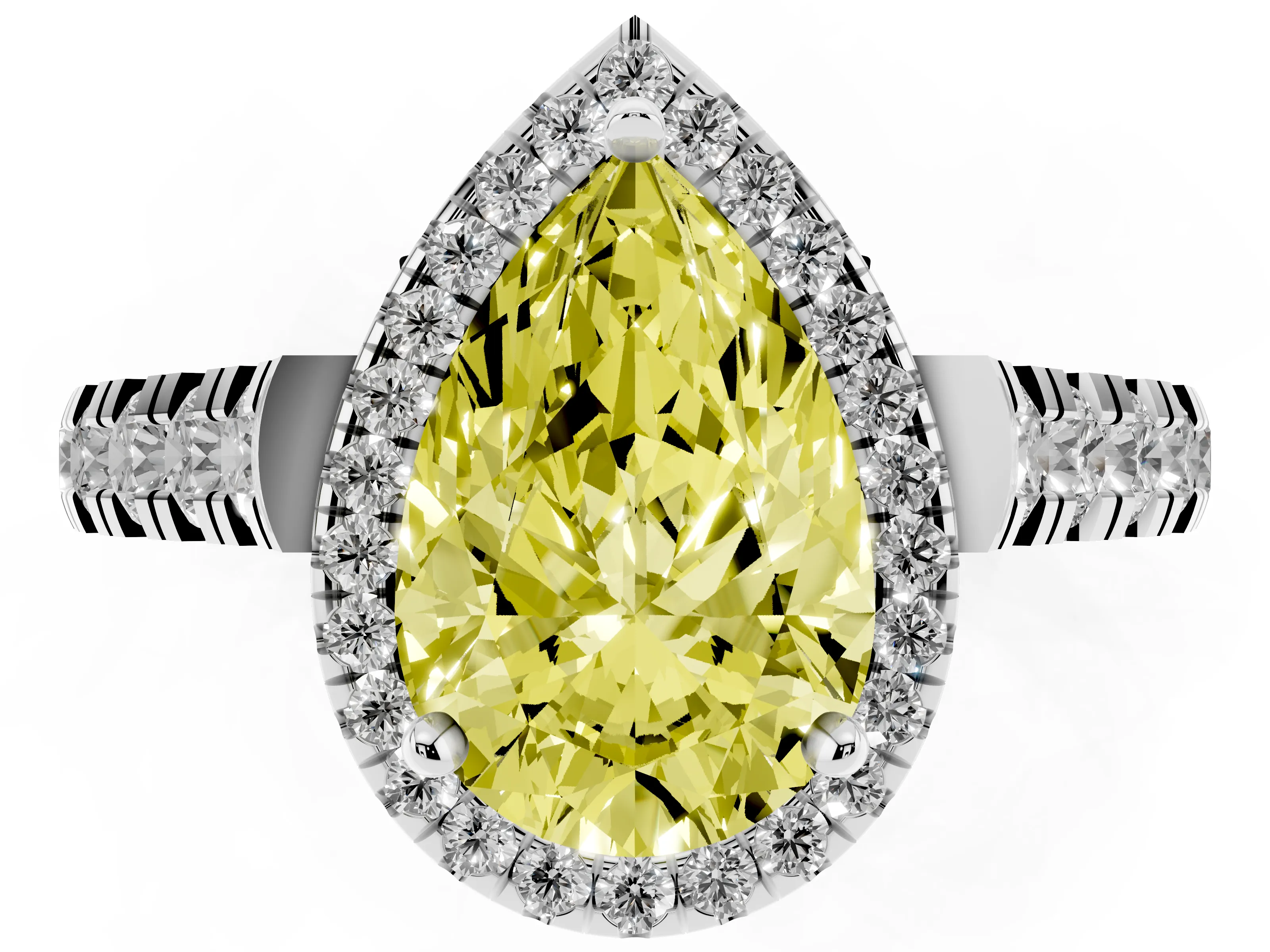Fancy Yellow Pear Cut Diamond Halo Engagement Ring Set in Platinum with Pavé Band and Prong-Set Center