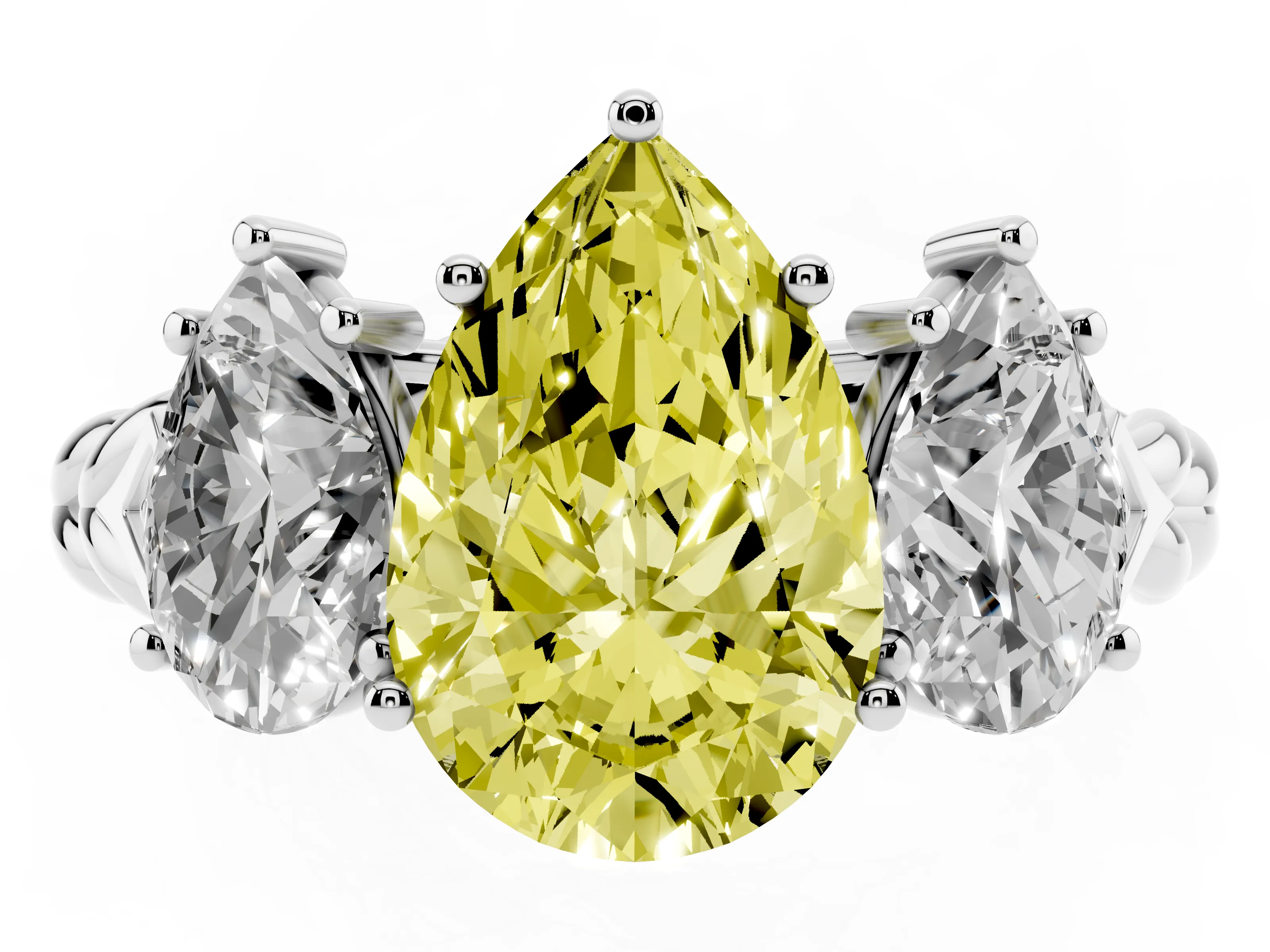 Fancy Yellow Pear Cut Diamond Three-Stone Ring Set in White gold with Braided Band