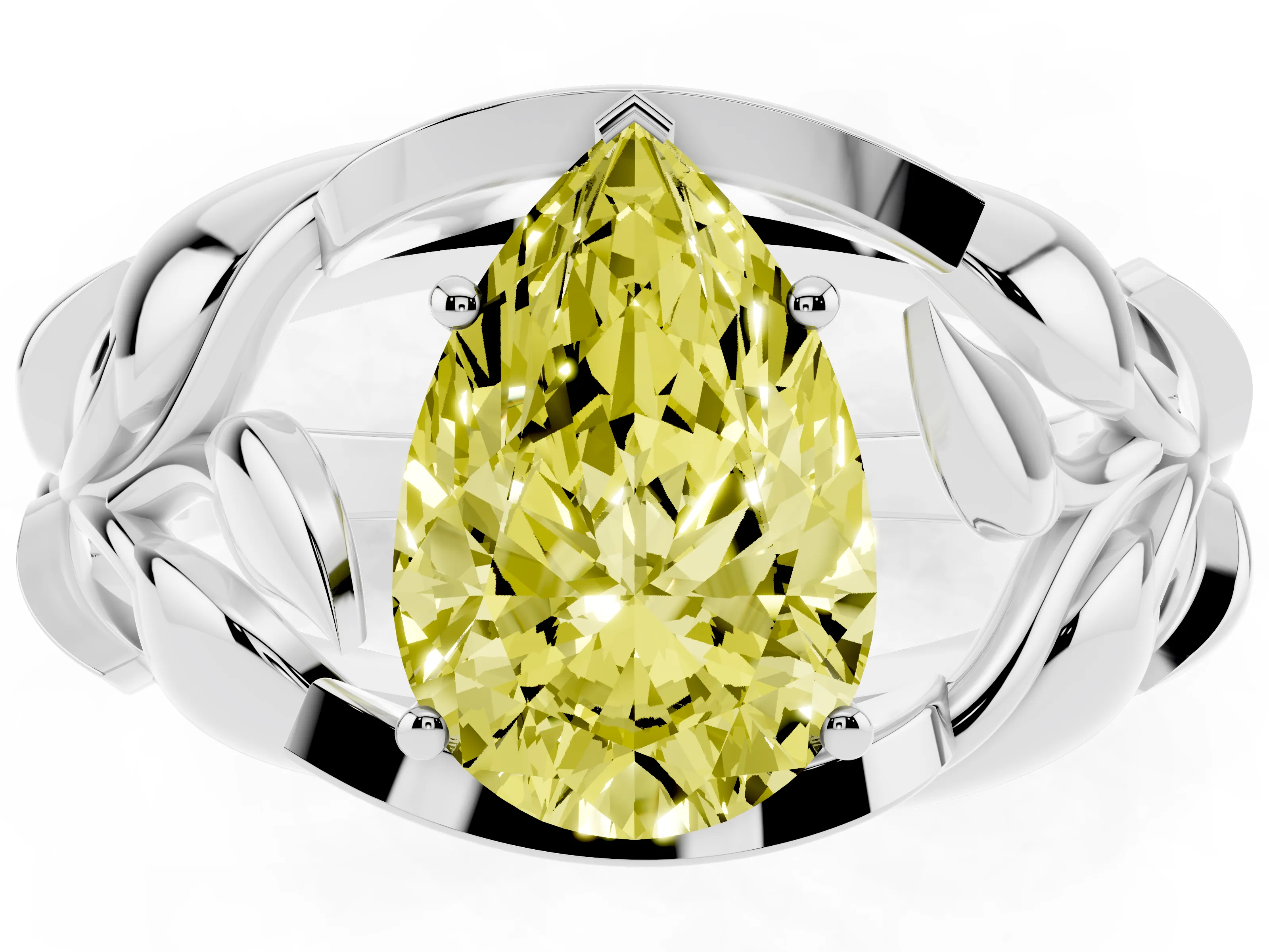Fancy Yellow Pear Cut Diamond Leaf-Inspired Engagement Ring Set in Platinum with Round Accents