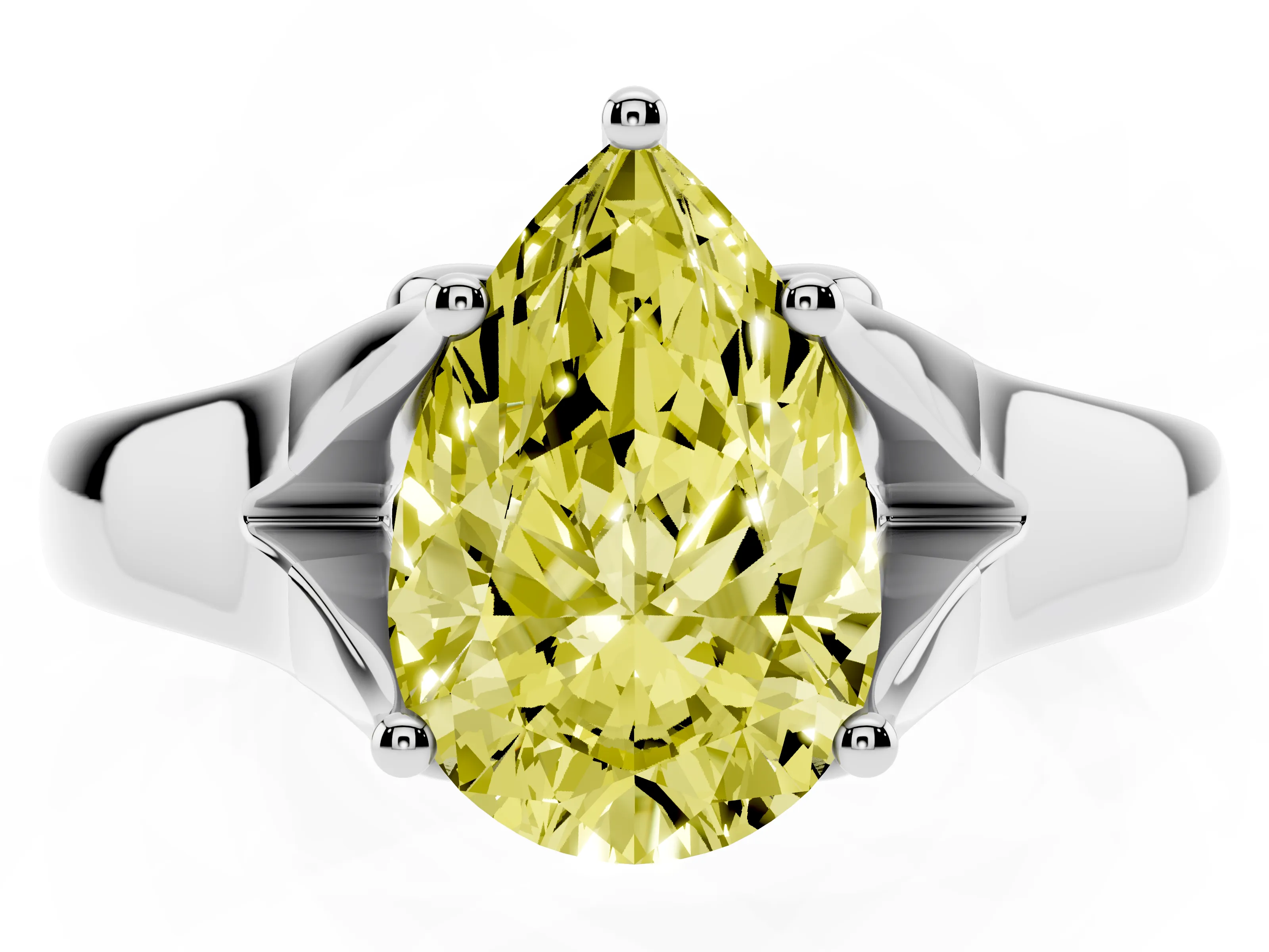 Fancy Yellow Pear Cut Diamond Solitaire Ring Set in White gold with Arched Cathedral Band and Prong Setting