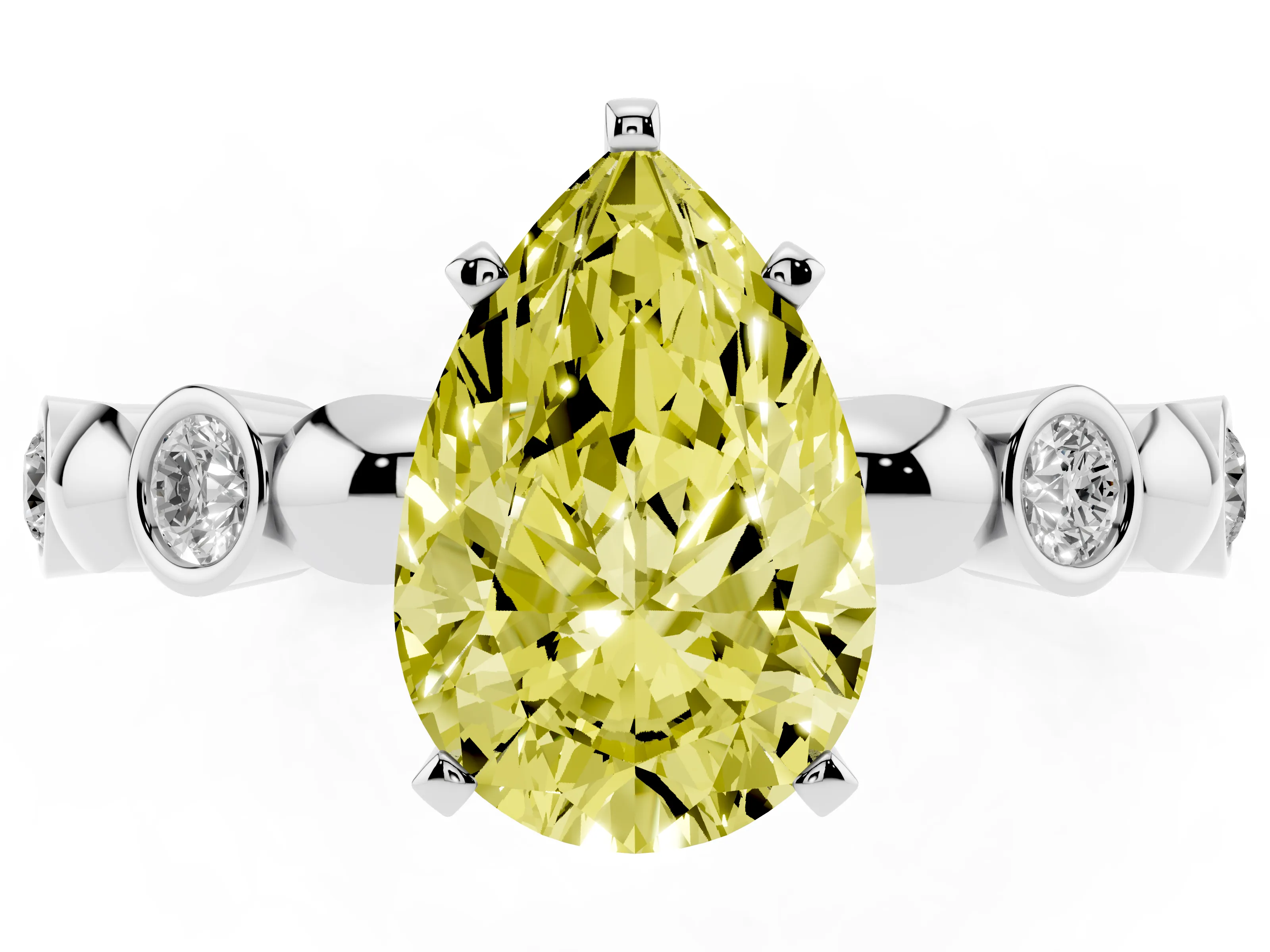 Fancy Yellow Pear Cut Diamond Solitaire Ring Set in Platinum with Bezel-Set Accents on Beaded Band and Prong Setting