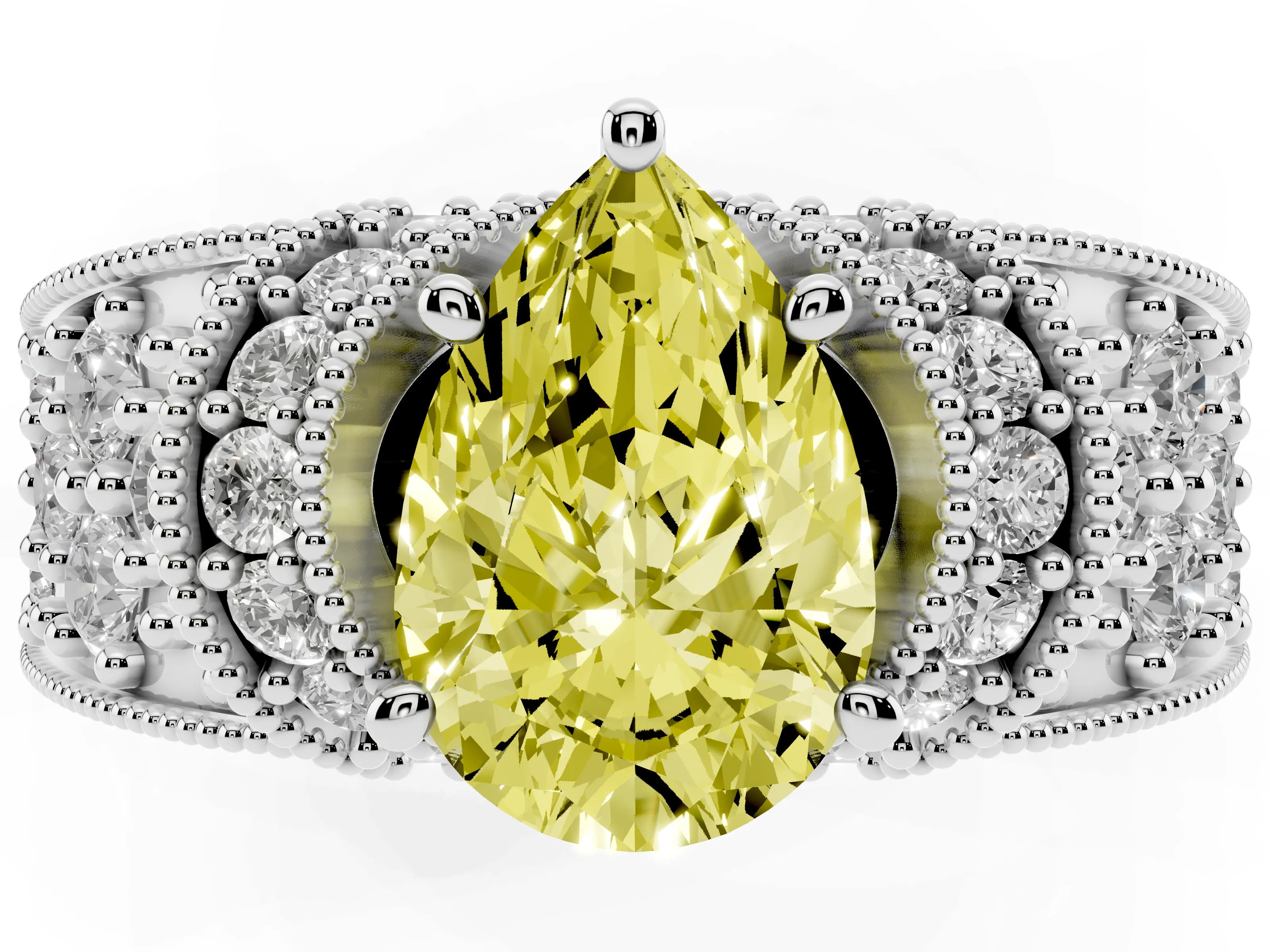 Fancy Yellow Pear Cut Diamond Milgrain Halo Pavé Engagement Ring Set in Platinum with Prong Setting