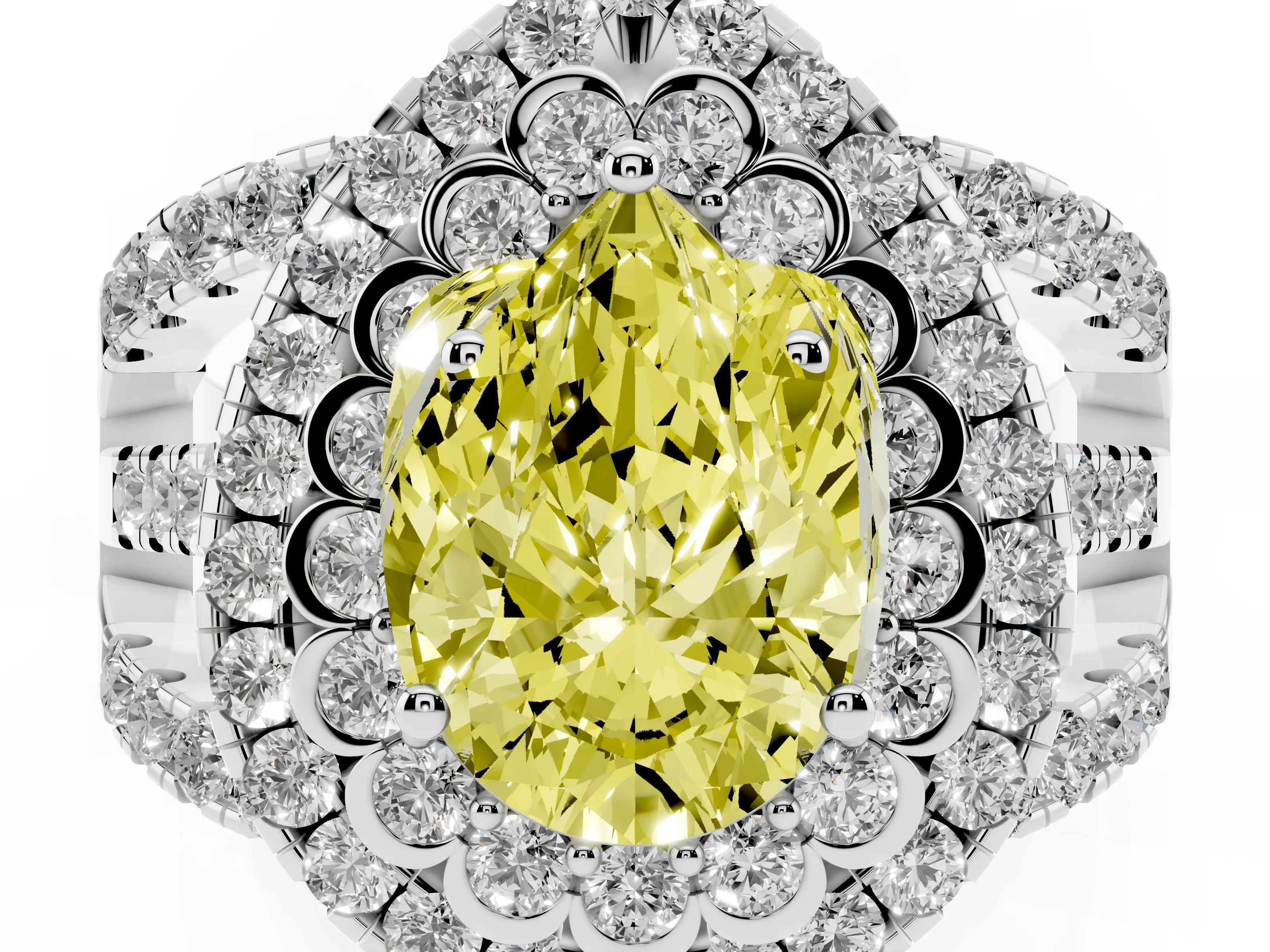 Fancy Yellow Pear Cut Diamond Double Halo Ring Set in Silver with Round Pavé Split Shank