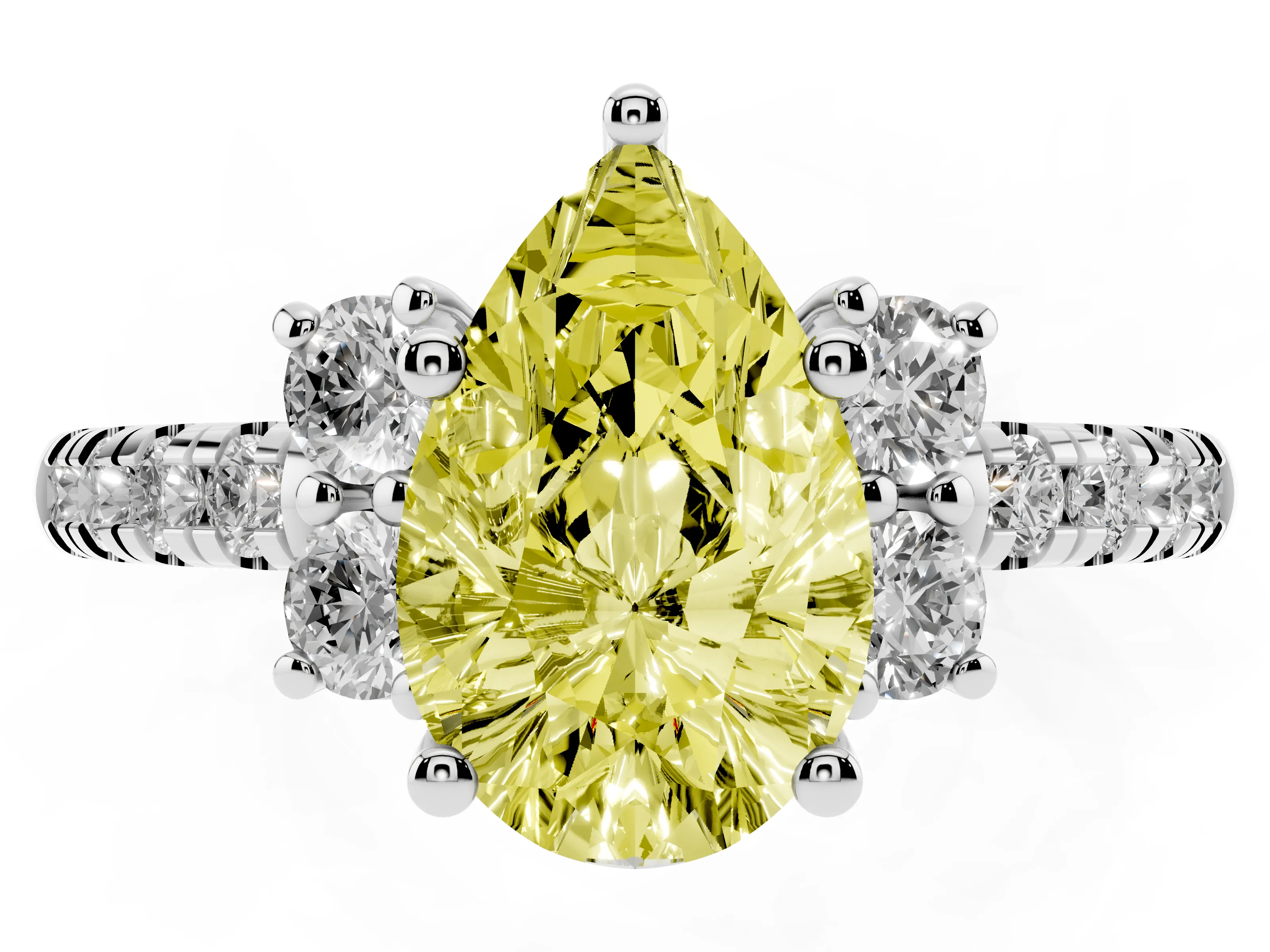 Fancy Yellow Pear Cut Diamond Three-Stone Pavé Ring Set in White gold with Prong Setting
