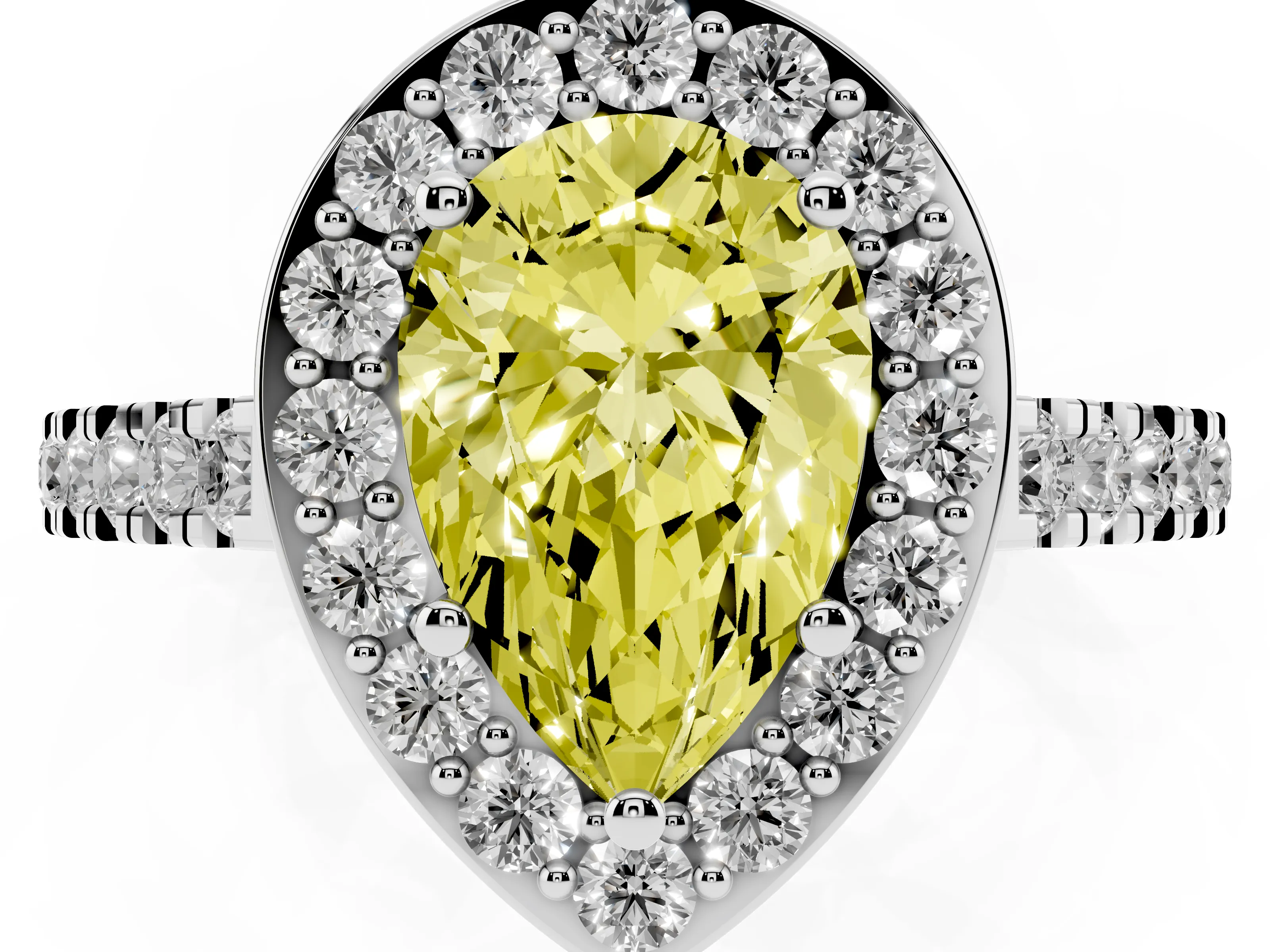Fancy Yellow Pear Cut Diamond Halo Ring Set in Silver with Round Pavé Split Shank and Prong Setting