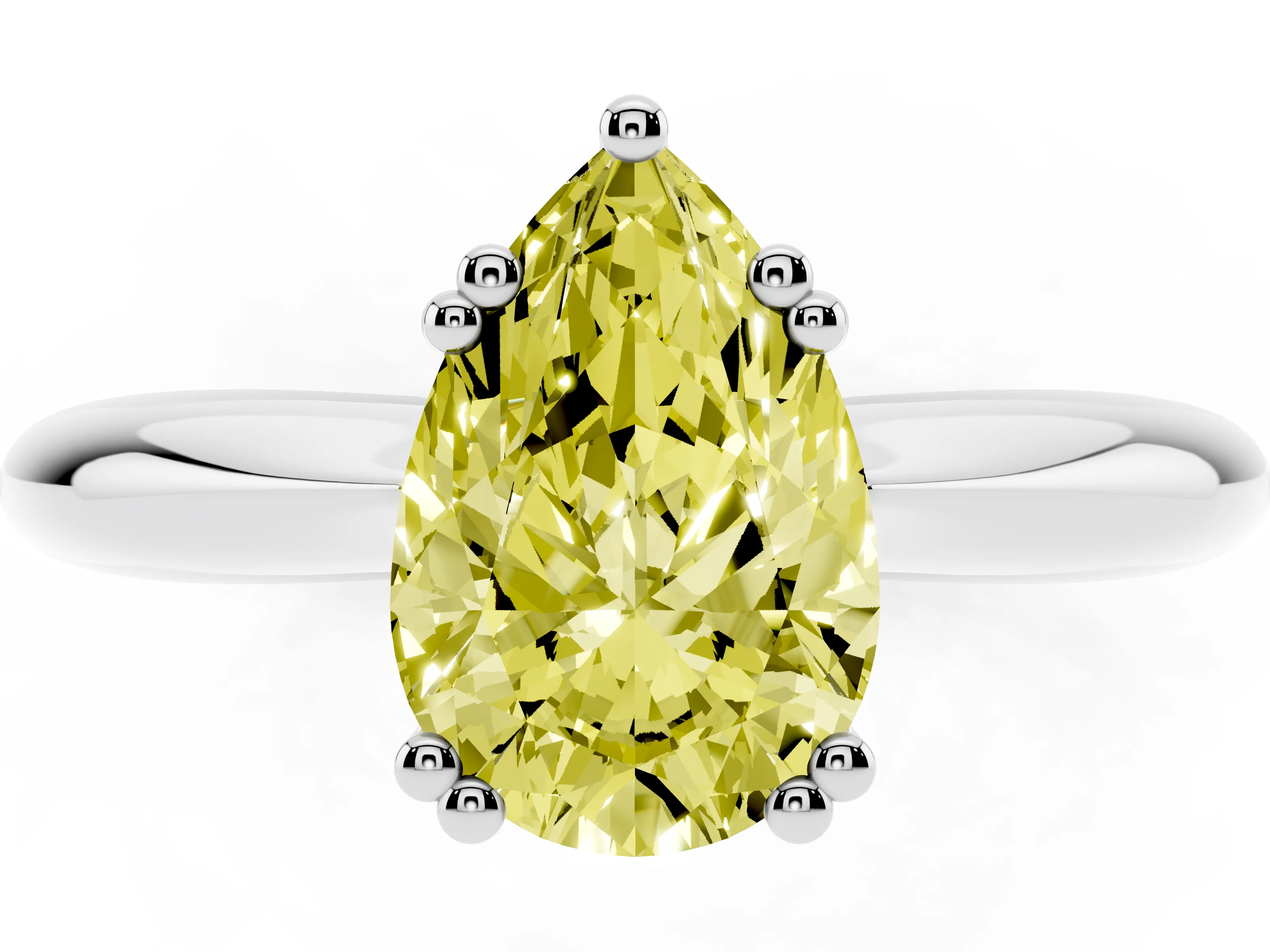 Fancy Yellow Pear Cut Diamond Solitaire Engagement Ring Set in Silver with Tapered Band and Prong Setting