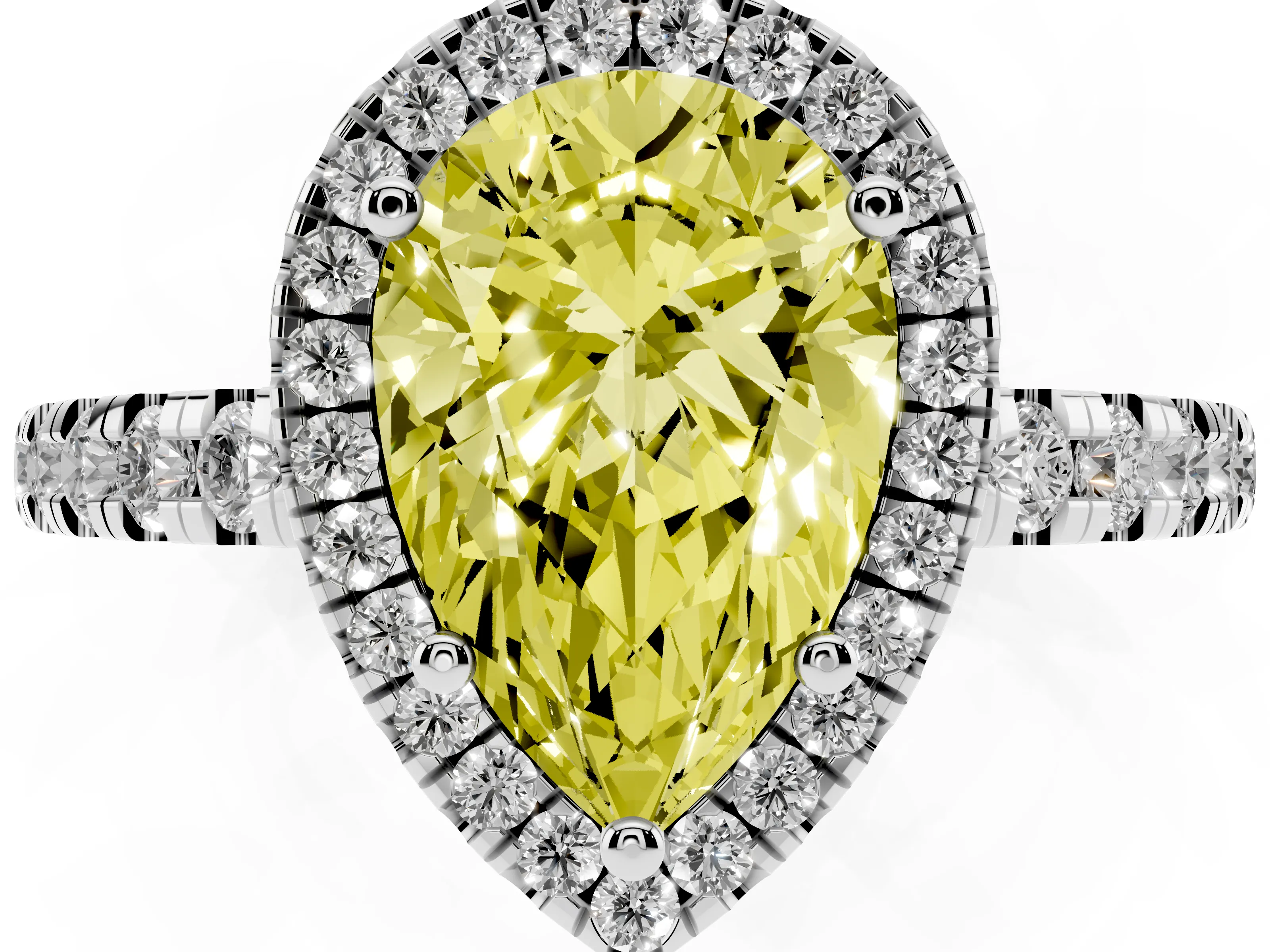 Fancy Yellow Pear Cut Diamond Halo Ring Set in Platinum with Delicate Pavé Band and Prong Setting