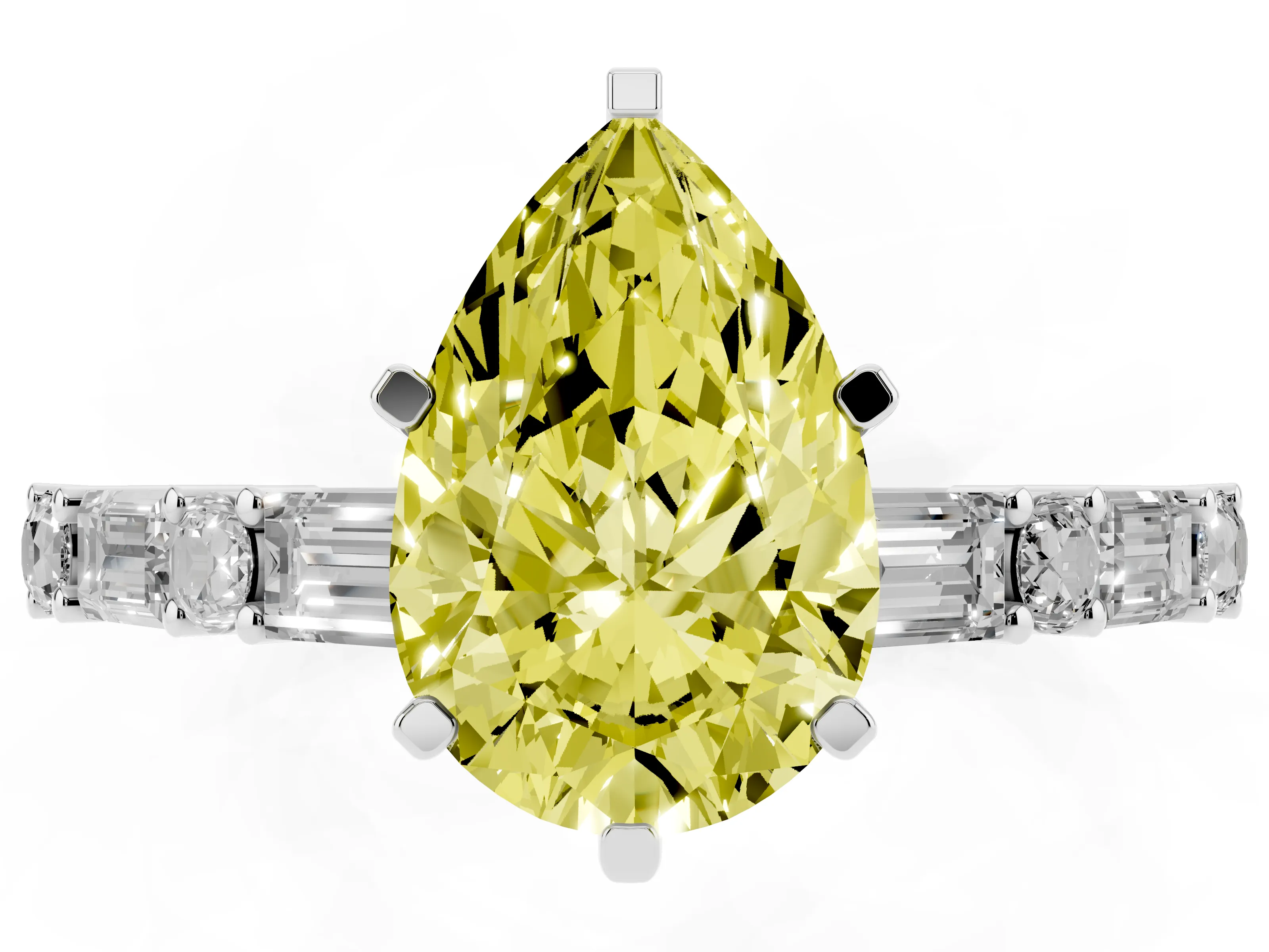 Fancy Yellow Pear Cut Diamond Solitaire Set in Platinum with Side Baguettes and Channel Set Band