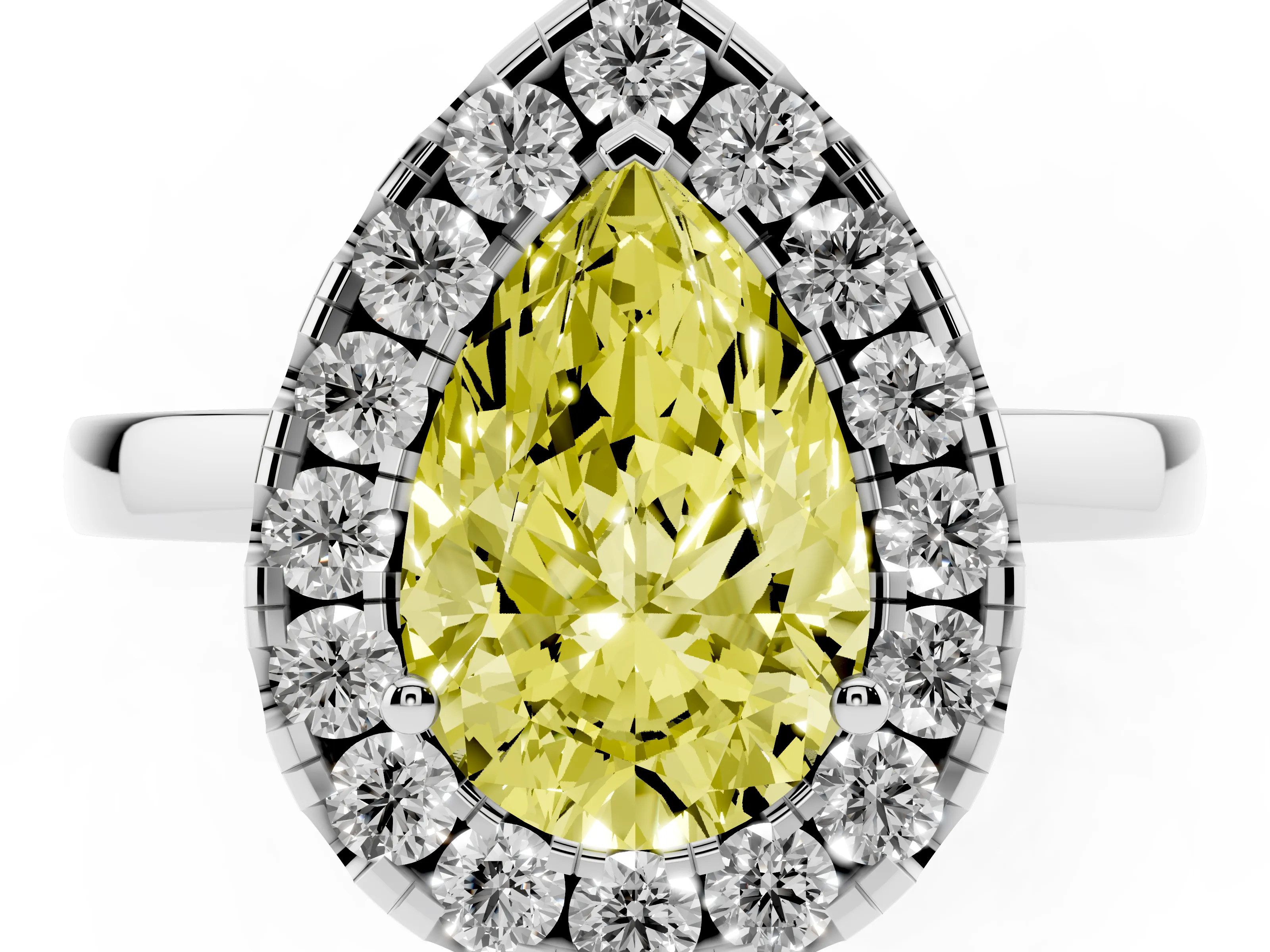 Fancy Yellow Pear Cut Diamond Halo Solitaire Ring Set in White gold with Pavé Band and Prong Setting