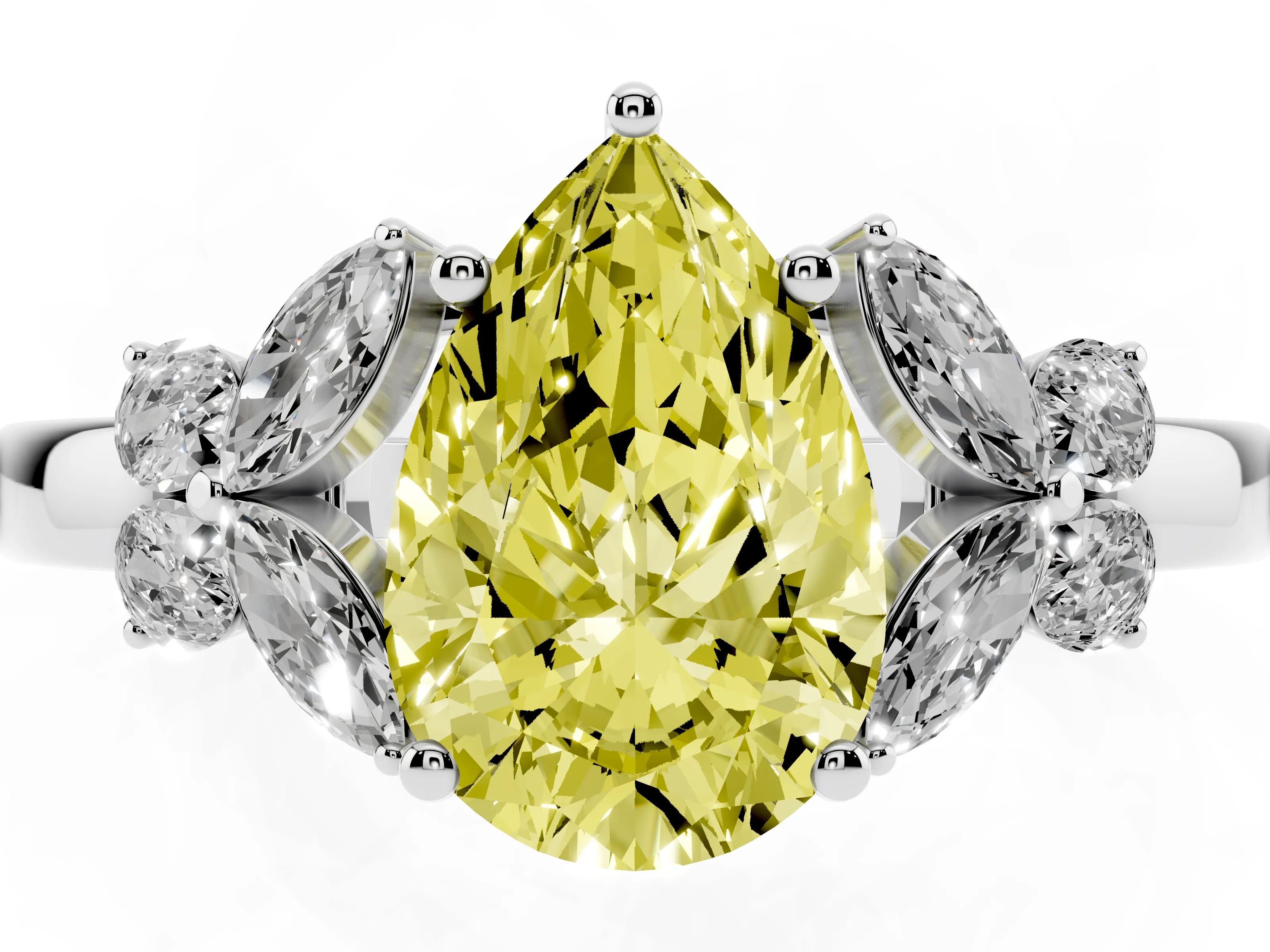 Fancy Yellow Pear Cut Diamond Solitaire Floral Ring Set in Silver with Marquise Petals and Prong Setting