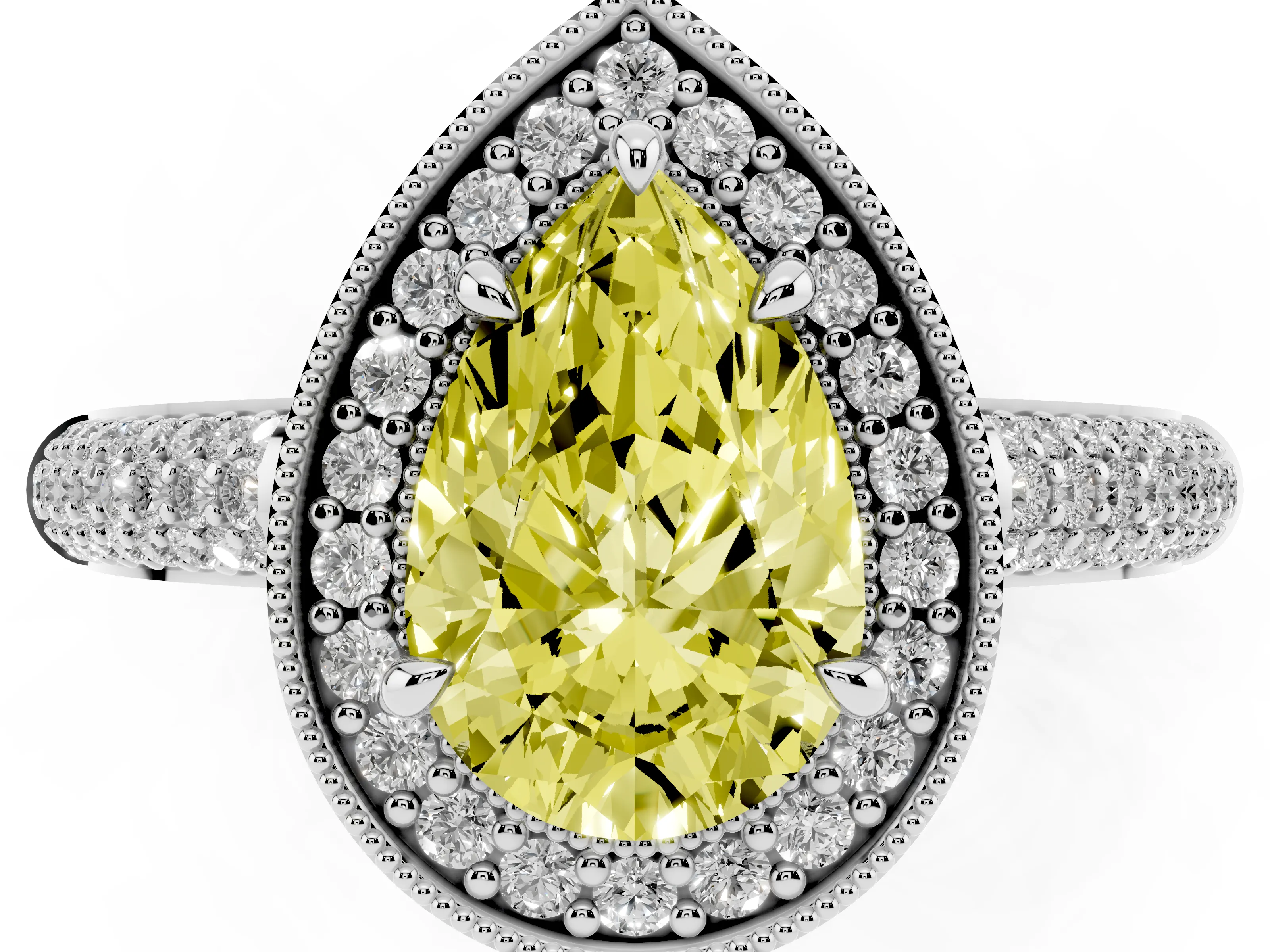 Fancy Yellow Pear Cut Diamond Halo Pavé Band Set in Platinum with Prong Setting