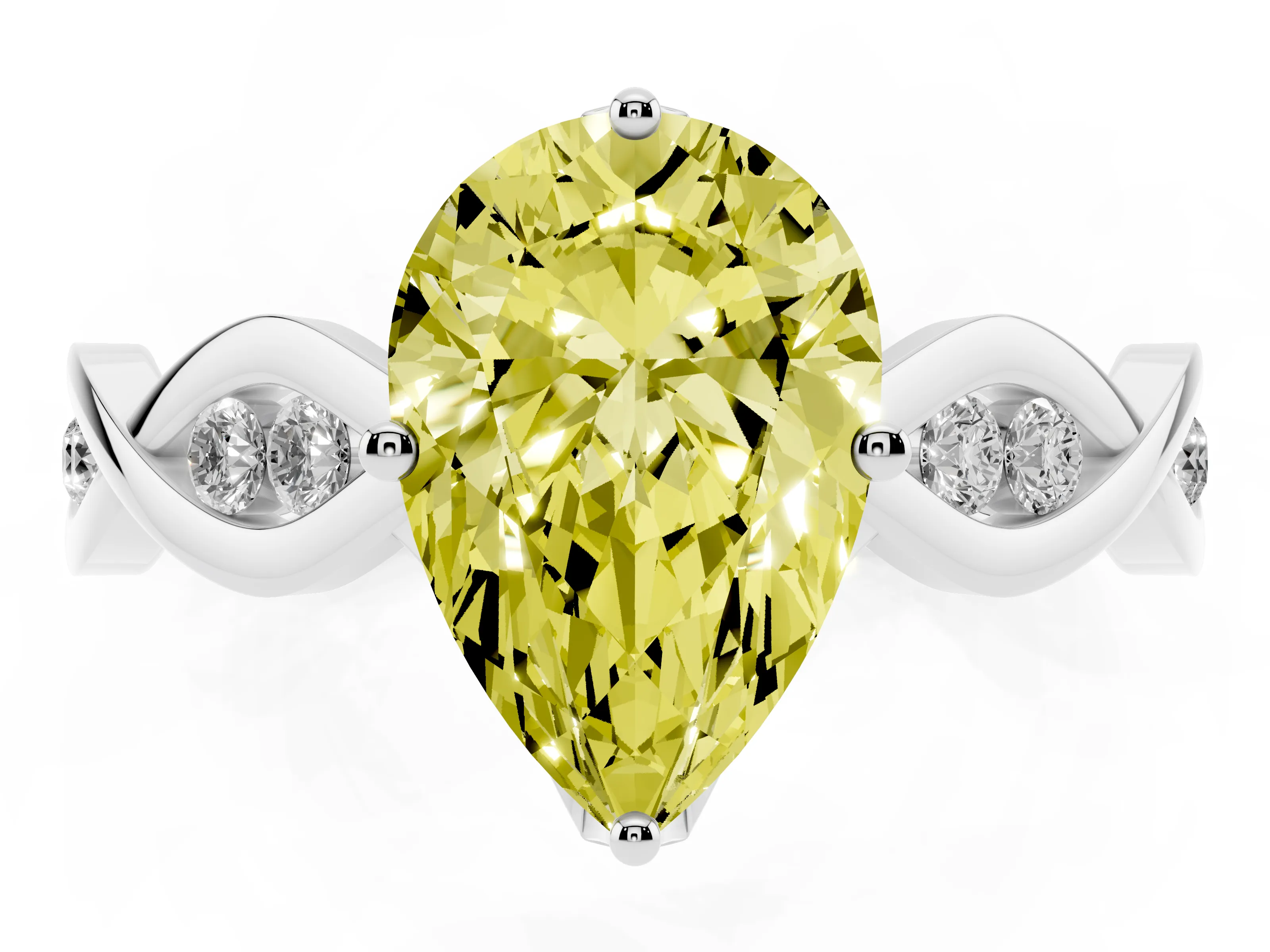 Fancy Yellow Pear Cut Diamond Twist Band Solitaire Ring Set in Platinum with Leaf Prong Setting and Accent Stones