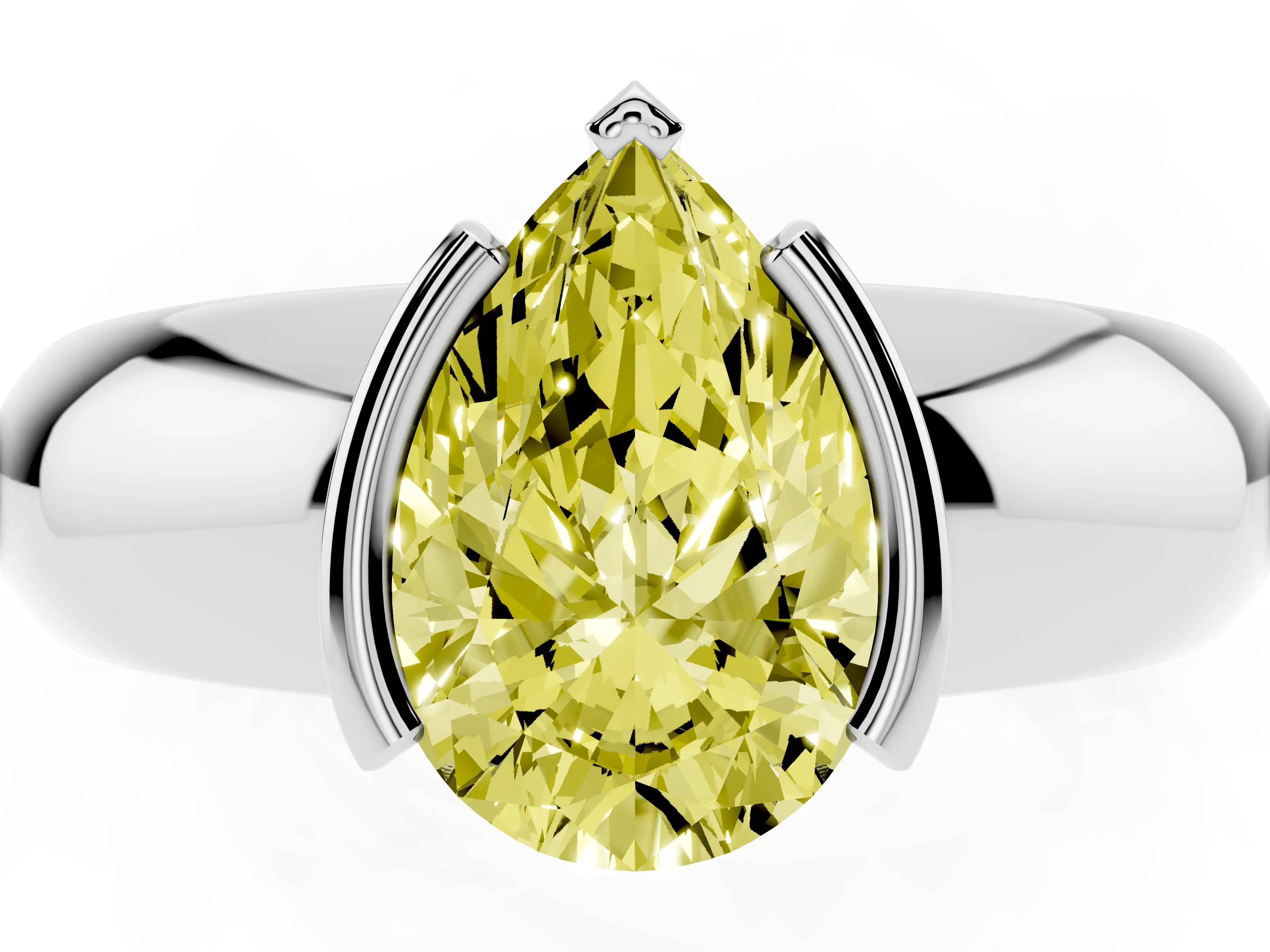 Fancy Yellow Pear Cut Diamond Solitaire Tension Set Ring Set in White gold with Wide Band