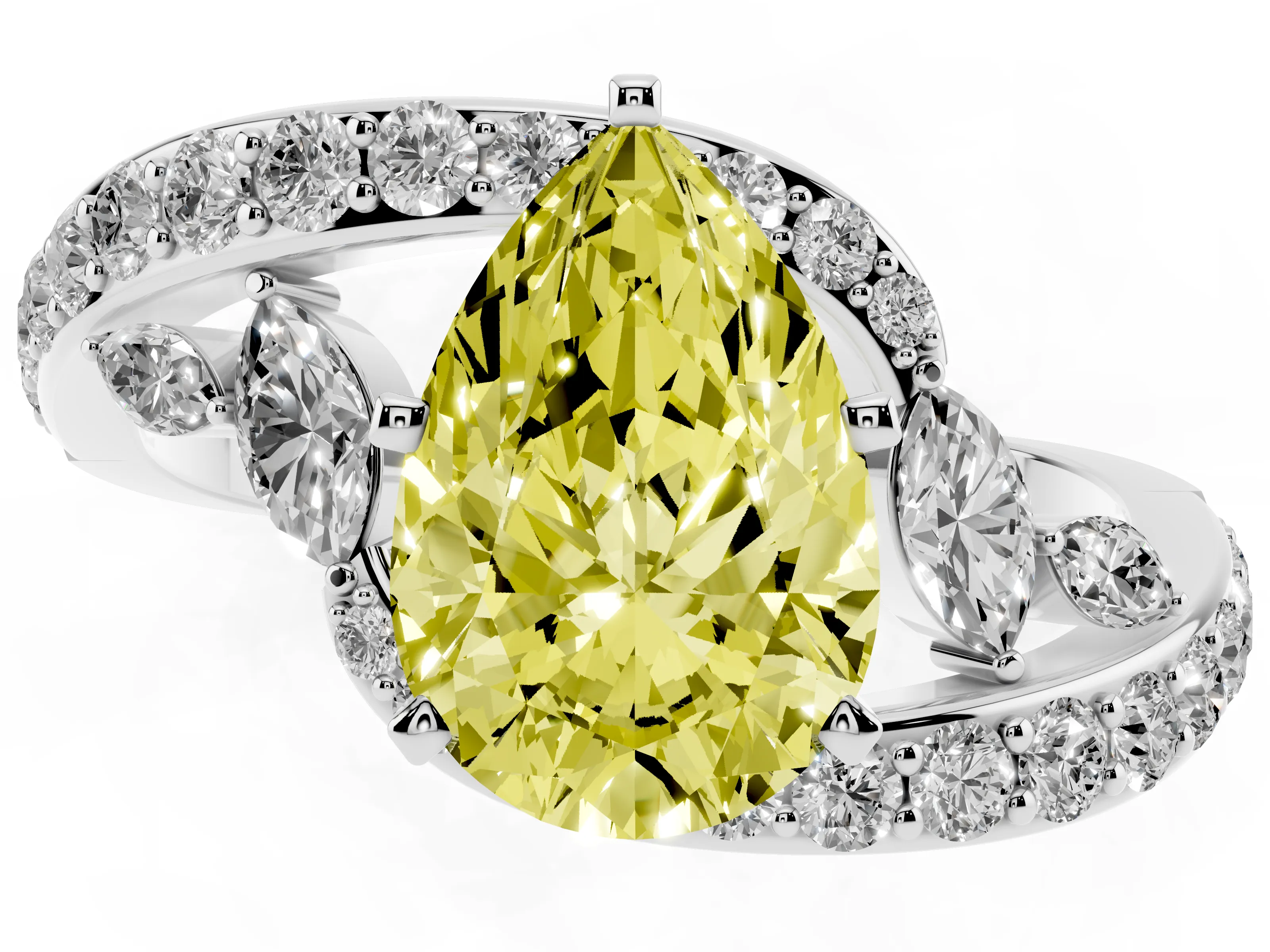 Fancy Yellow Pear Cut Diamond Solitaire Ring Set in White gold with Pavé Twist Band and Secure Prong Setting