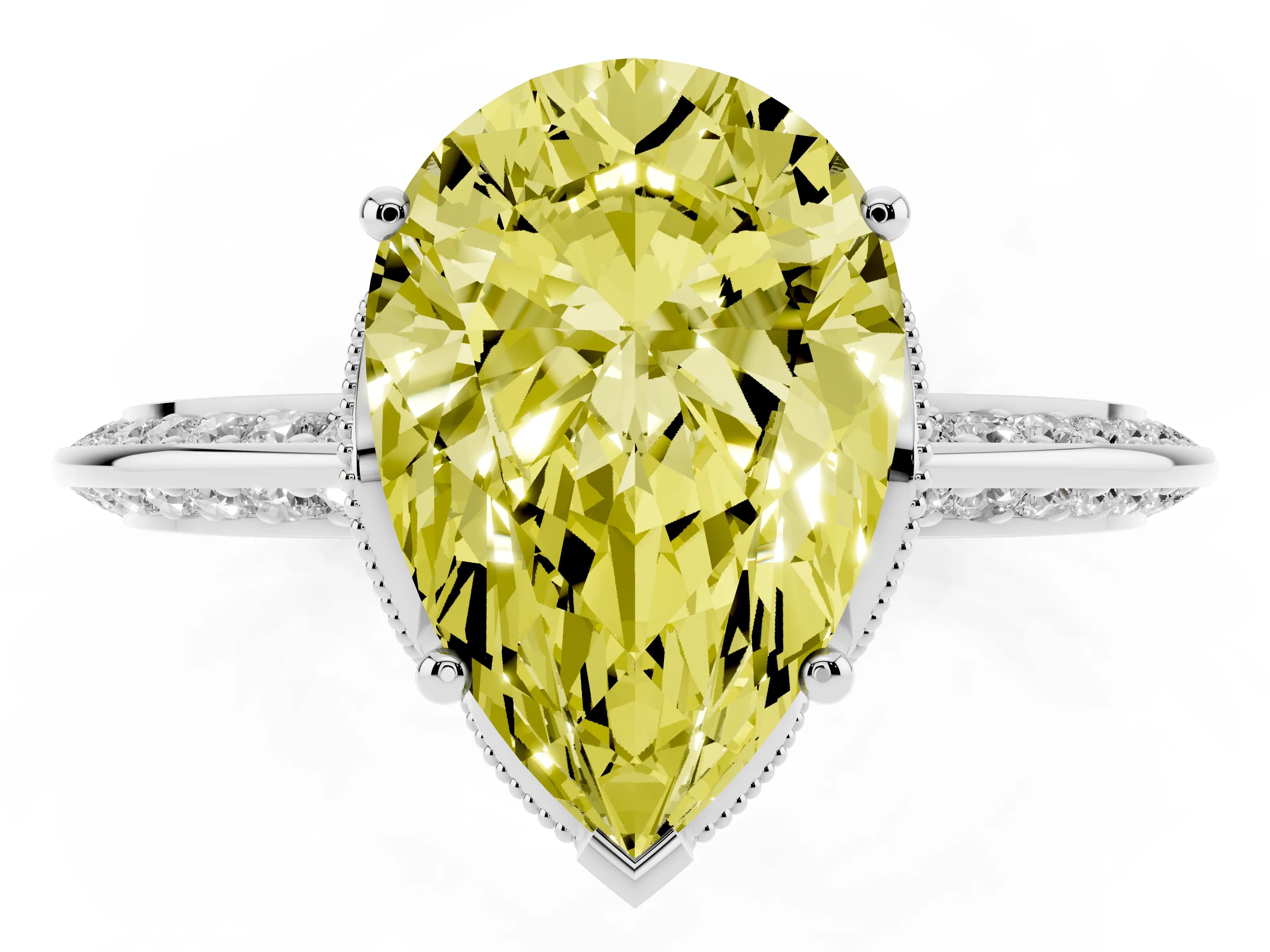 Fancy Yellow Pear Cut Diamond Solitaire Engagement Ring Set in Silver with Pavé Split Shank and Prong Setting